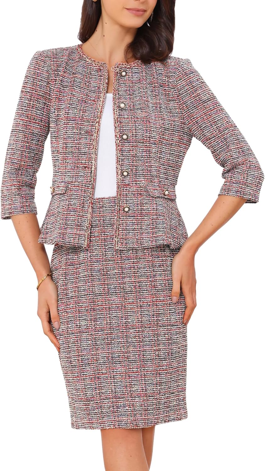 Allegra K Women's 2 Piece Tweed Skirt Set Suit Jacket Pencil Skirt Elegant Business Suits for Women 2025