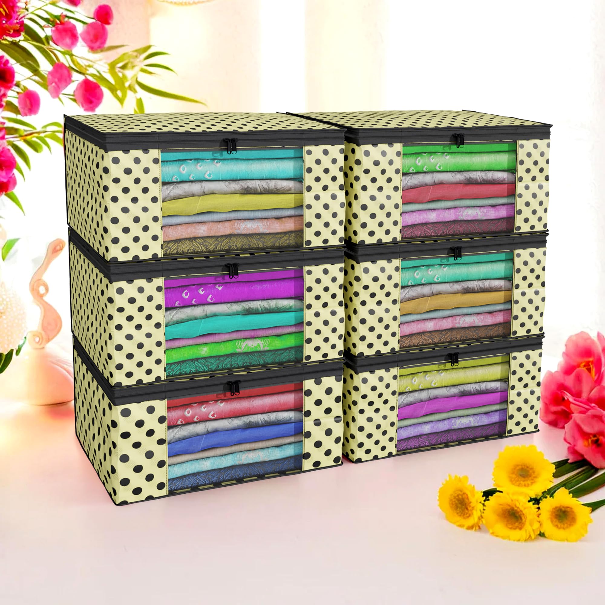 Kuber Industries (Pack of 6) Saree Covers | Foldable Storage Bag for Almirah & Wardrobe | Non-Woven Saree Bags (9 Inch) Clothes Bag for Women (Polka Dot) Sari Cover Bags | Cream