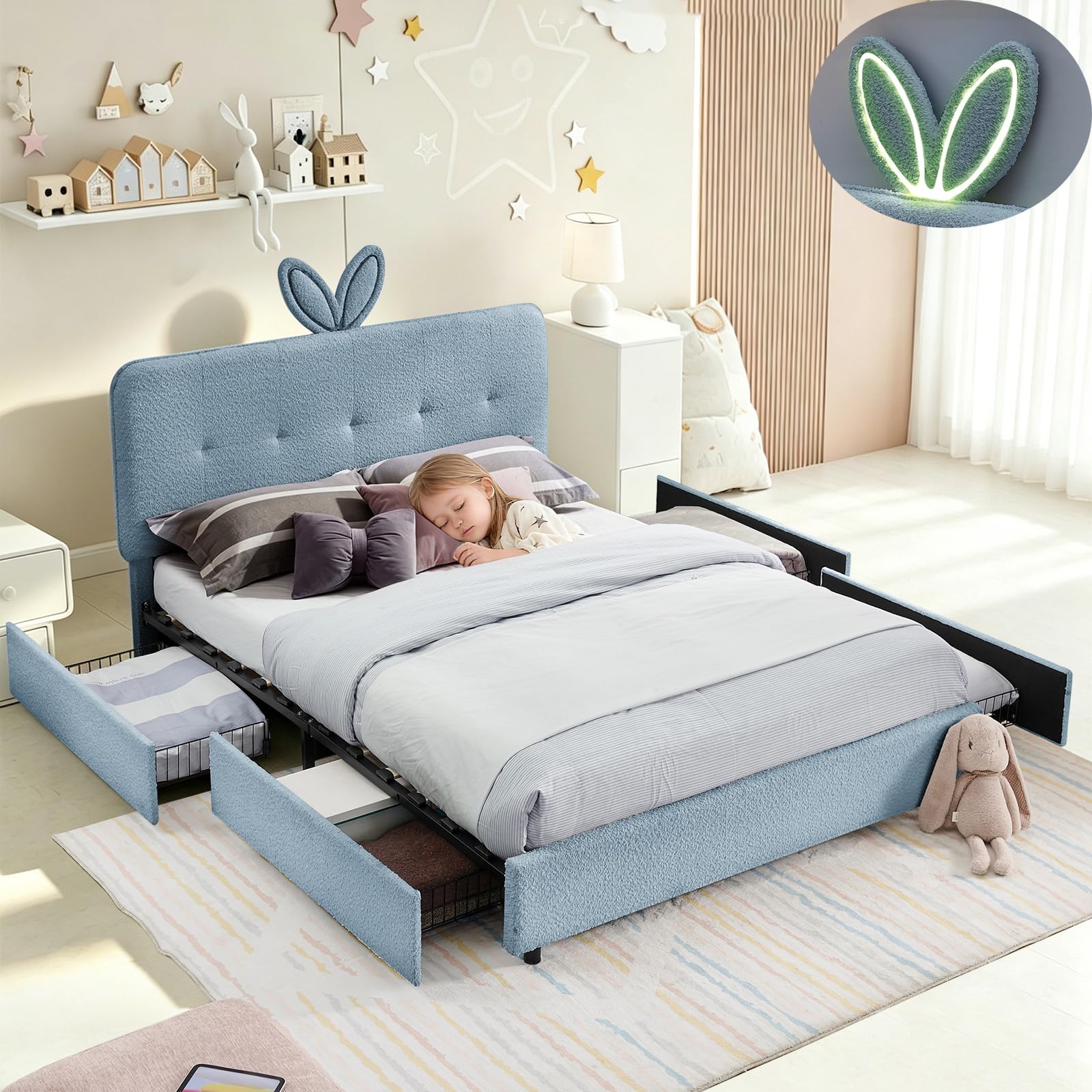 Queen Led Bed Frame with 4 Storage Drawer, Upholstered Platform Floor Bed with Rabbit Ear Headboard Daybed Strong Wooden Slats No Box Spring Needed for Kids Girls Boys, Blue