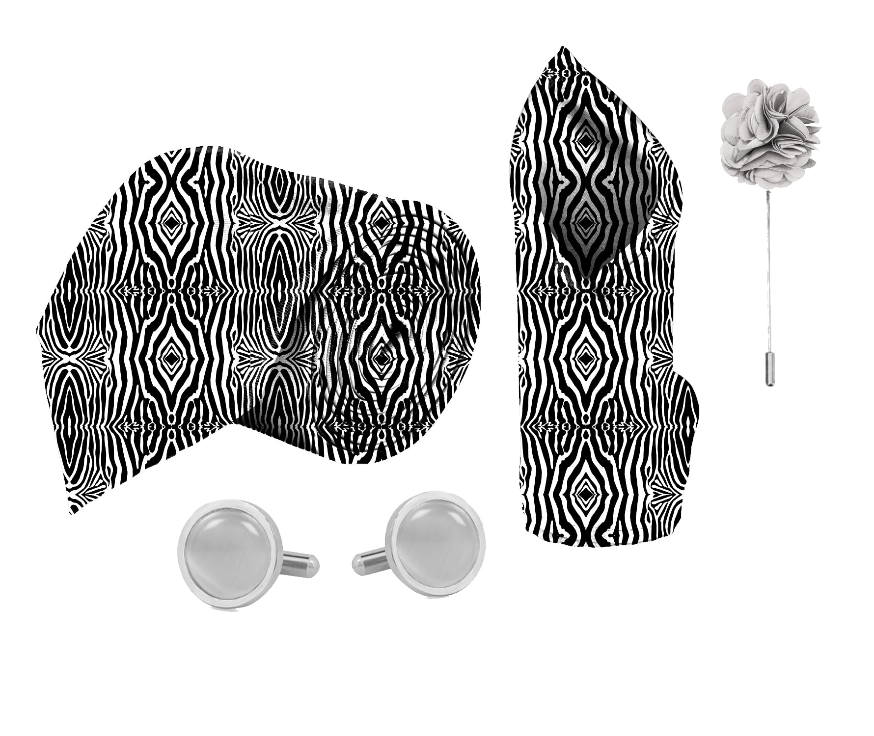 blacksmith White & Black Zebra Printed Tie and Pocket Square Set for Men with Natural Stone Cufflink and Matching Flower Lapel Pin-picture-17