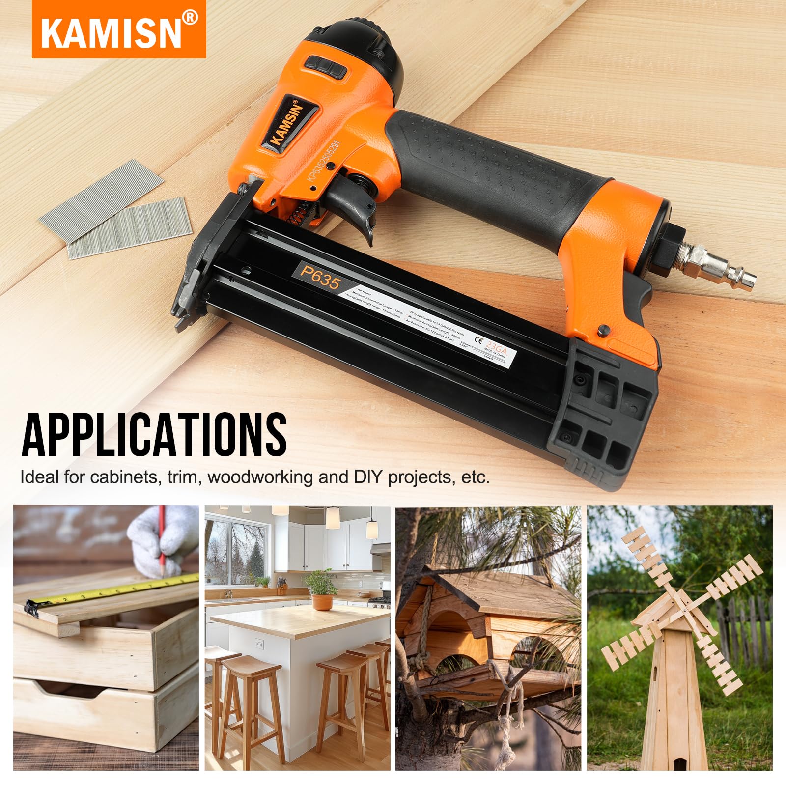 Kamsin P635 Cloueuse pneumatique de calibre 23, accepte les clous à broches de 1,27 cm à 3,5 cm, pistolet à clous pneumatique avec verrouillage de sécurité, pistolet à épingler sans tête pour armoires