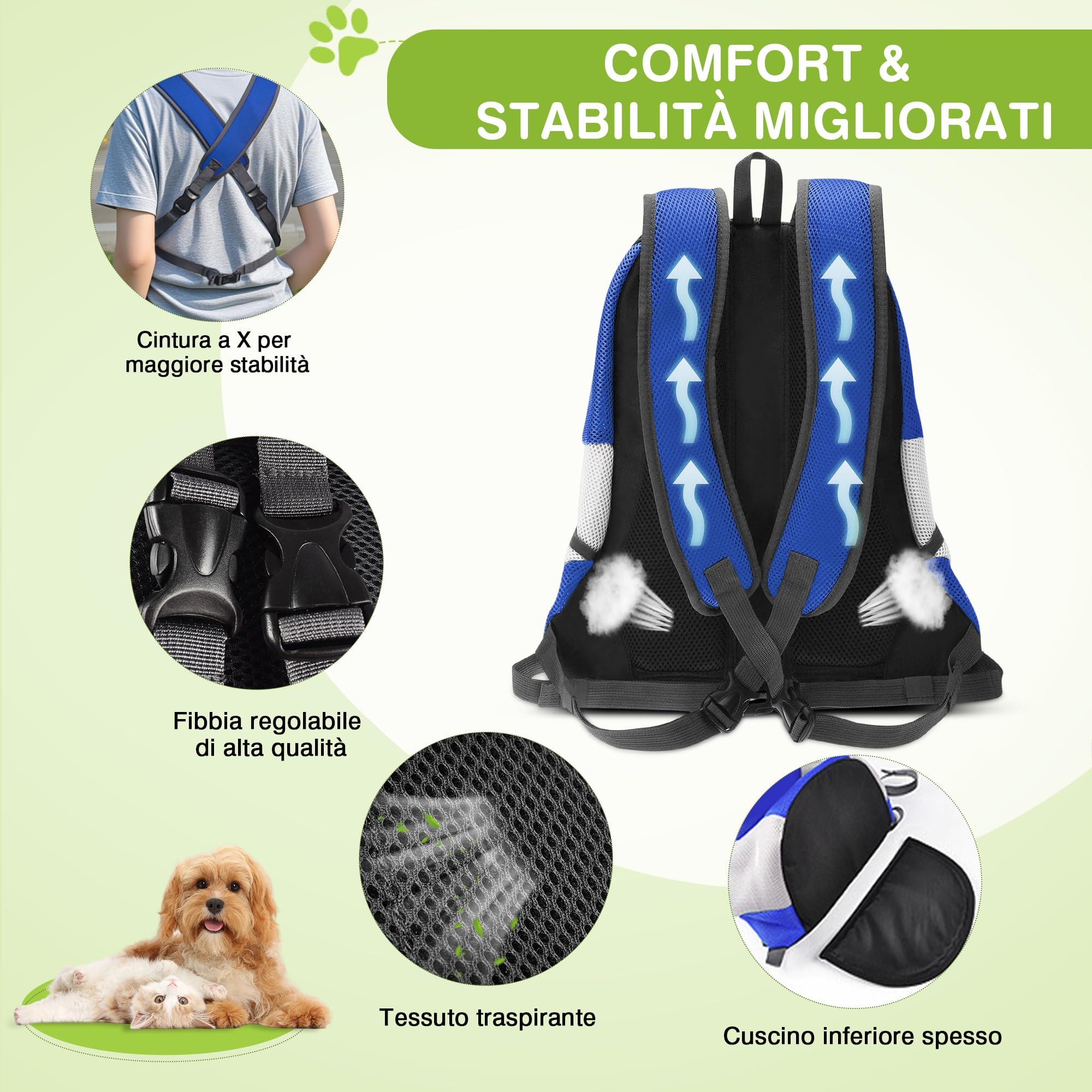 ALLSOPETS Zaino per Cani Trasportino per Piccoli Cani e Gatti Borsa da Viaggio Regolabile Blu Notte M