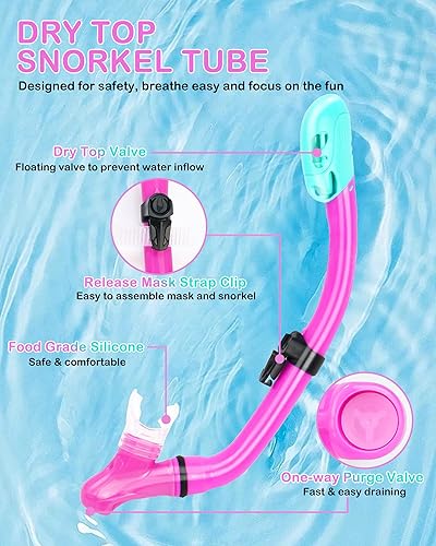 Miniatura 4 de Juego de esnórquel para niños, aletas de máscara de esnórquel panorámica+snorkel superior seco, aletas de natación ajustables, bolsa de malla,