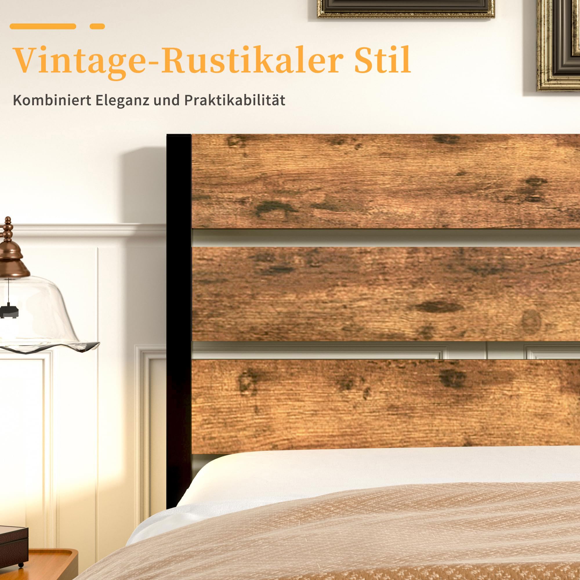 VECELO Bettgestell 140x200 cm aus Metall mit Lattenrost, stabiles Doppelbett mit Holzkopfteil, 320 kg Tragkraft, 31 cm Stauraum, einfache Montage, Industrial Style, Braun