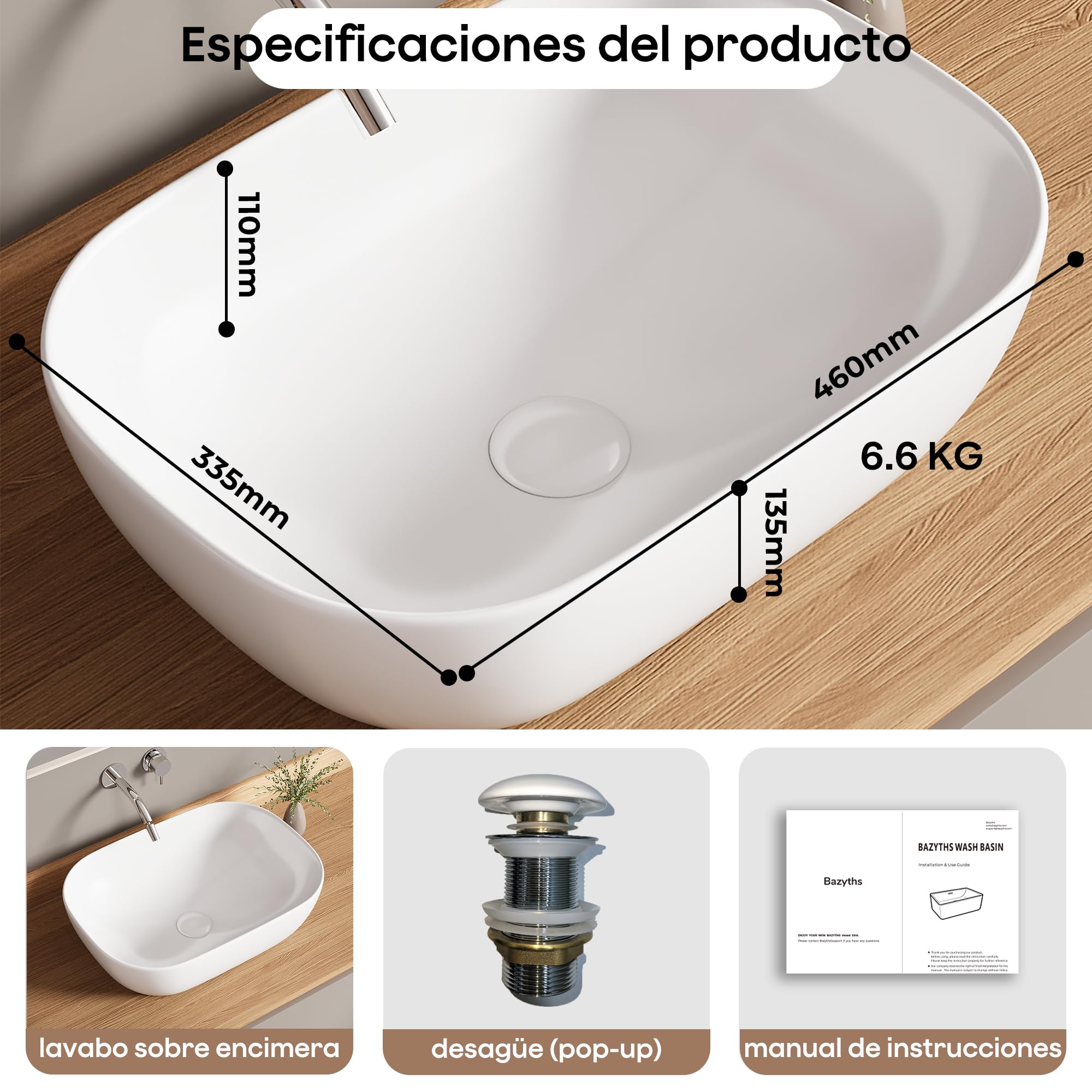 Lavabo sobre Encimera Blanco de Cerámica Lavabo Moderno para Baños de Invitados Restaurante Aseo (46x33.5x13.5 cm)