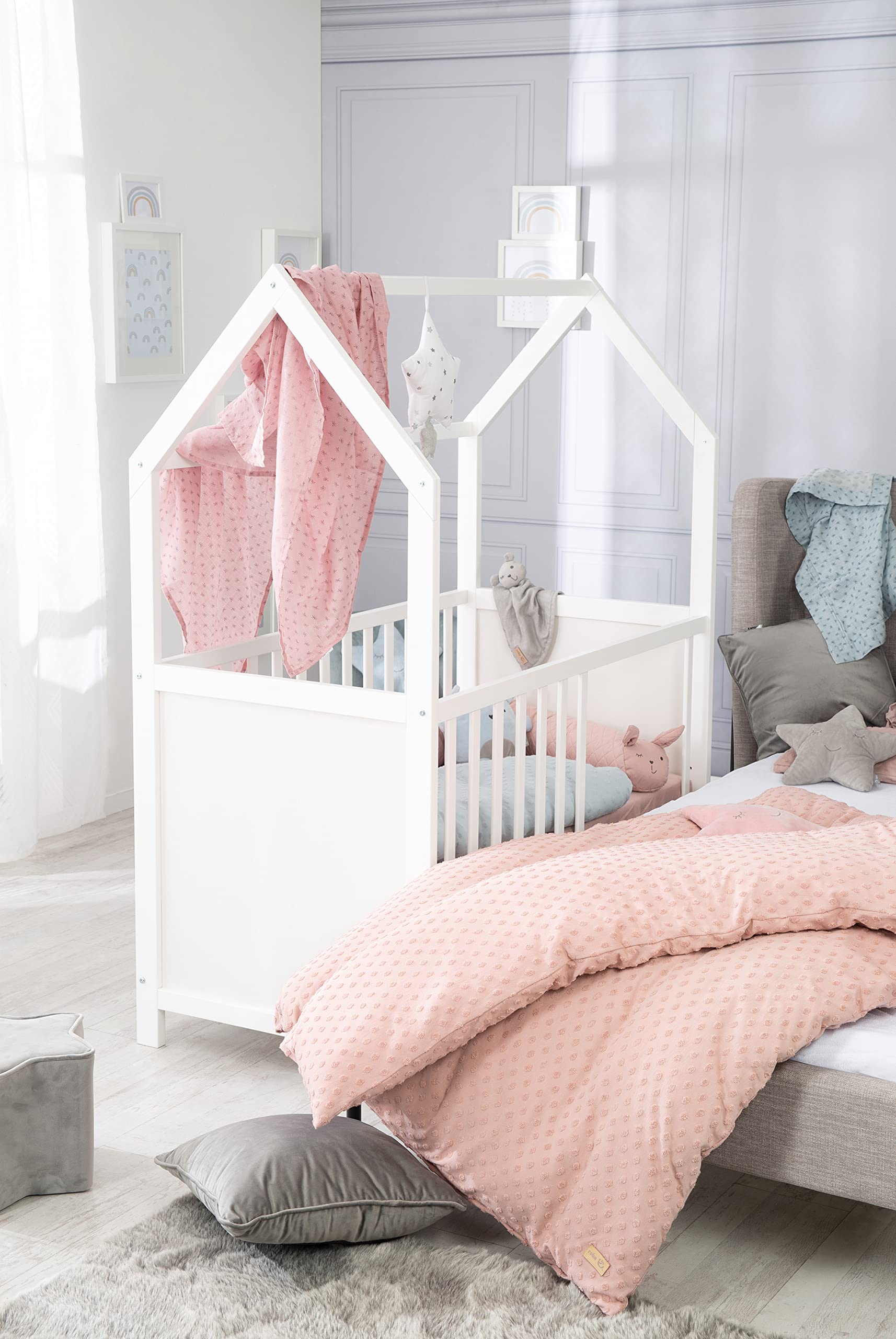 roba Lit Bébé Cabane Évolutif 60x120 - Lit Cododo Convertible en Canapé - Réglable en Hauteur - Blanc