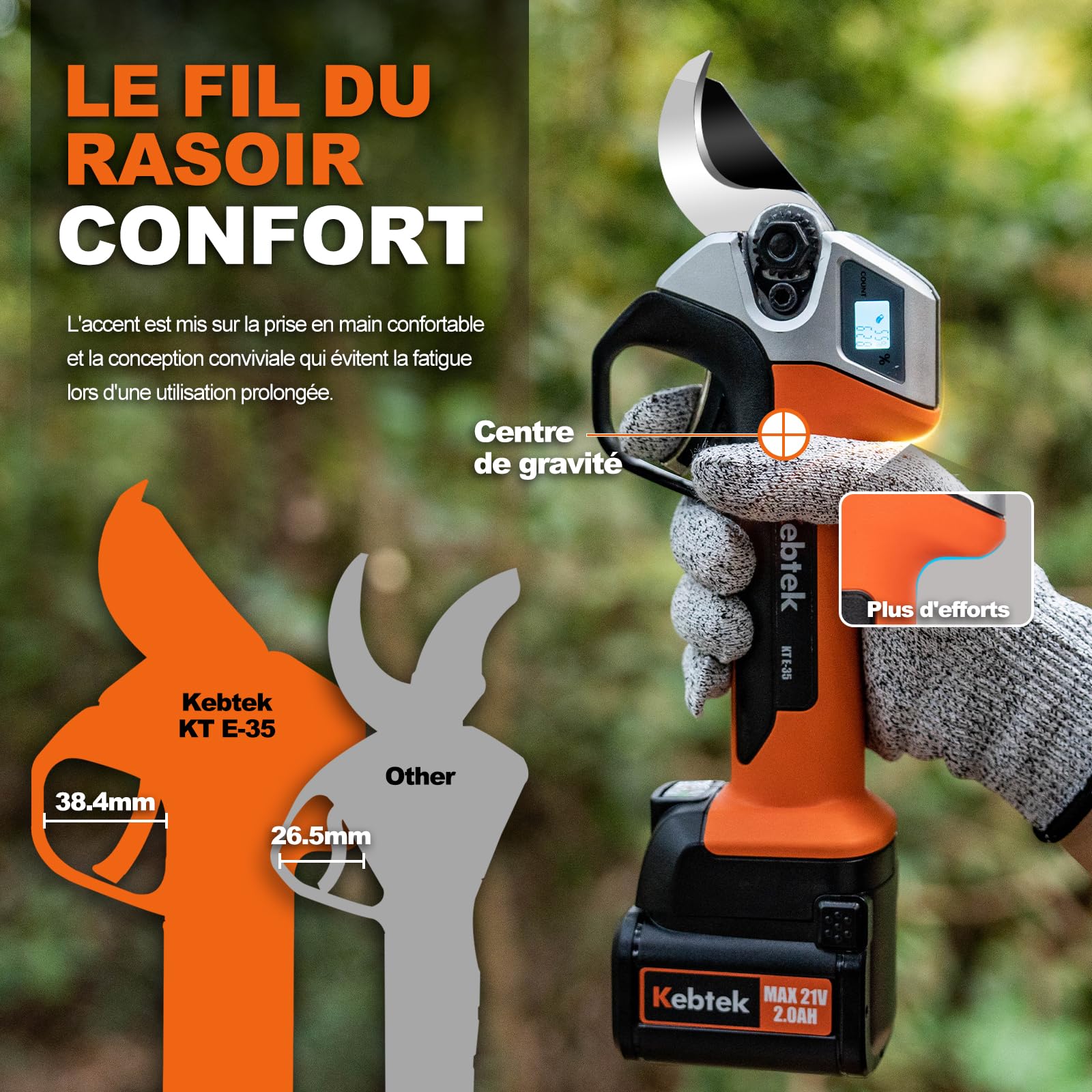 Kebtek Sécateur Électrique 35 mm - Professionnel Brushless Sécateur - 18V 500W - LCD Écran - SK5 Lame - 2 Batteries - Sécateur pour Vigne, le Cerisier, le Pommier (KT-E35)