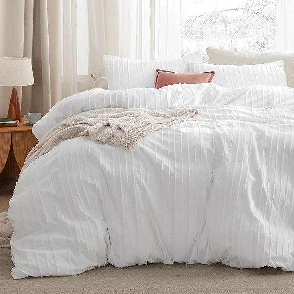 Bedsure Striped Boho Duvet Cover King Size - Shabby Chic Tufted Boho Bedding Set, 3 Pieces Shabby Chic Home Bedding for All Seasons, Includes 1 King Duvet Cover & 2 Pillowcases (White, 104" x 90")