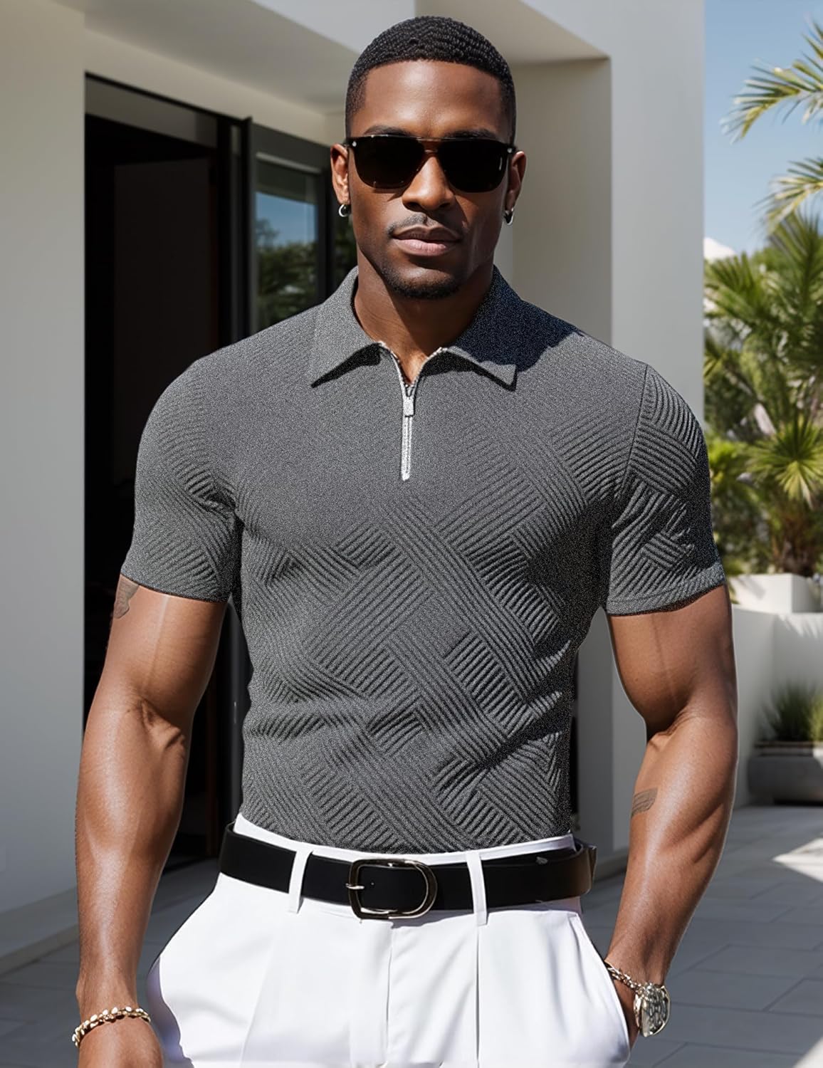 UOUA Men's Zipper Polo Shirts Short Sleeve Sweatshirts Soild Color Tops Striped Texture Casual Golf T - Image 3