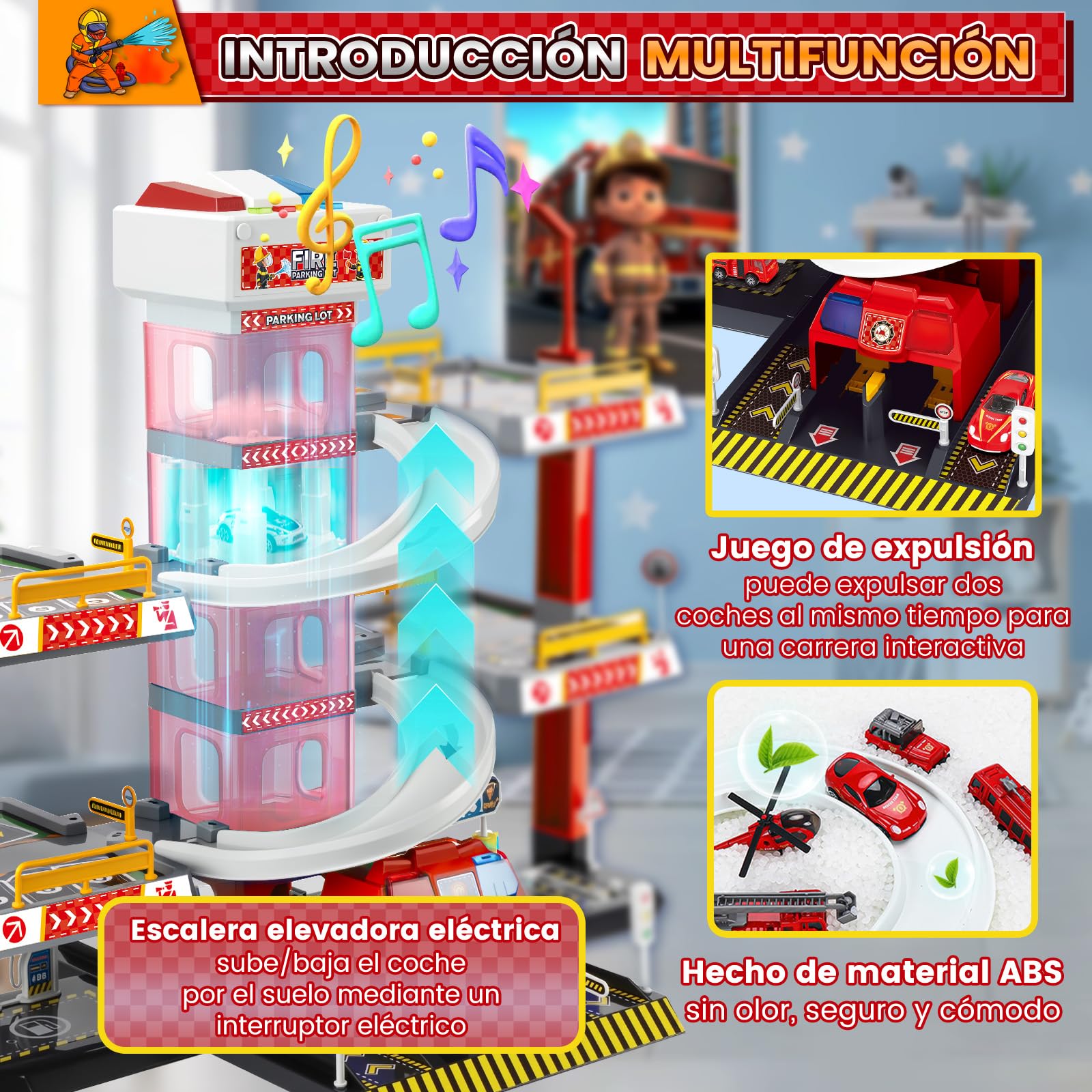 BuzzoXerex 5 Plantas Garaje Coches para Niños, Parking Molto con 14 Coches y 2 Helicóptero, Parking Juguete con Pista de Coches y Ascensor, Educativos Regalos para Niños 5 6 7 8 9 Años (Rojo)