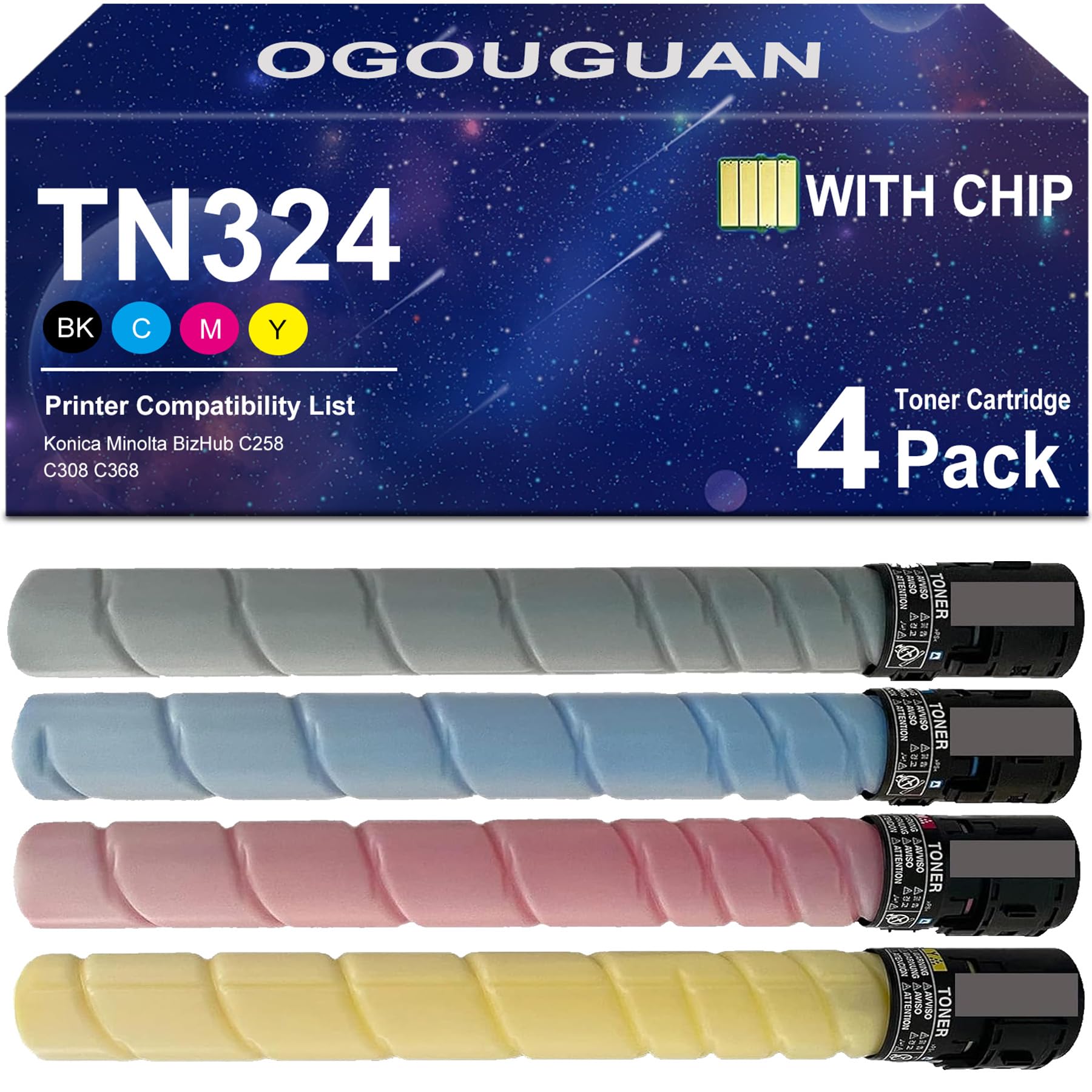 Cartuccia di ricambio TN-324, compatibile con i modelli Konica Minolta BizHub TN324K, TN324C, TN324M e TN324Y, nonché con i modelli C258, C308 e C368 (confezione da 4)