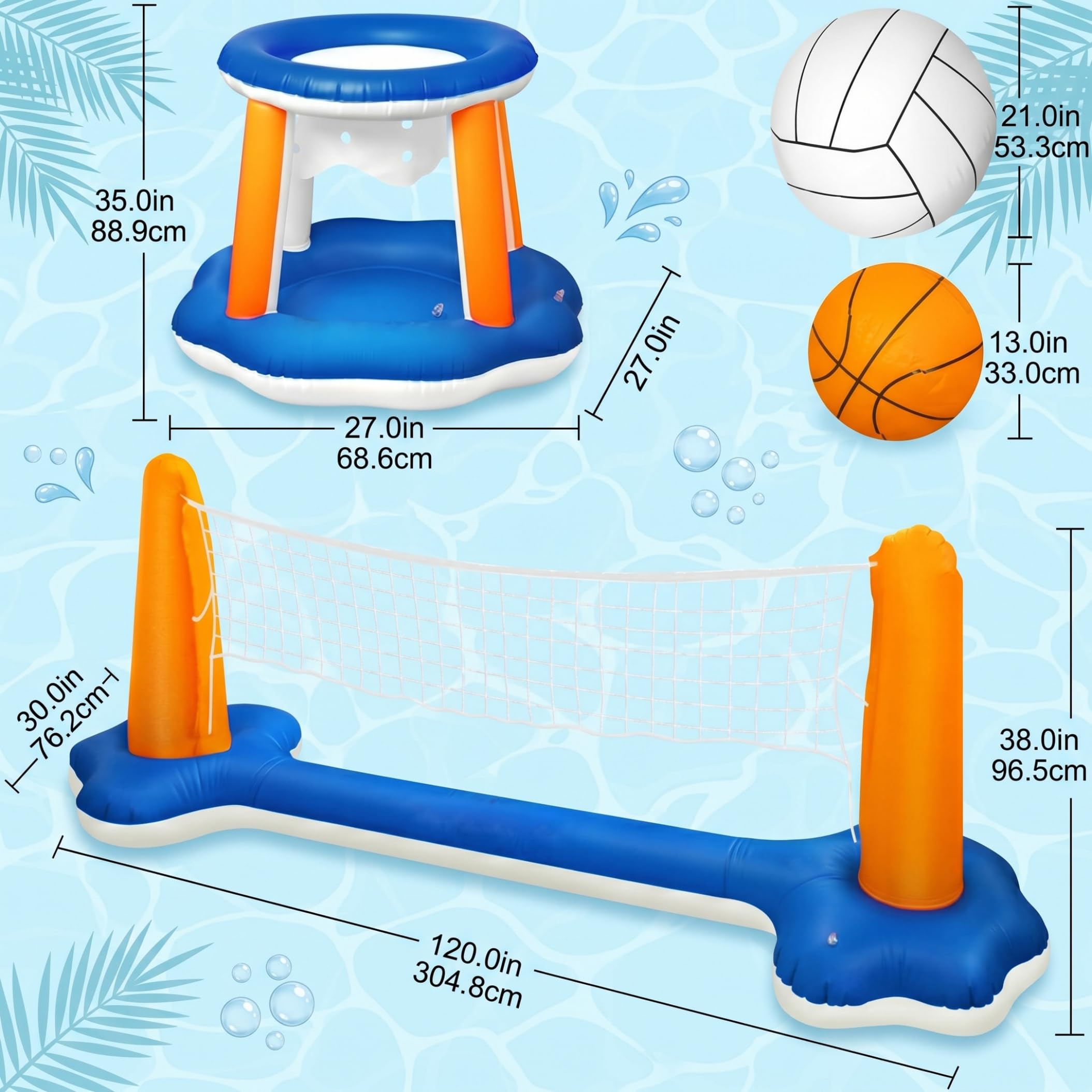 Pool-Volleyballnetz und Pool-Basketballnetz-Set, schwimmendes aufblasbares Wasserspiel mit 2 Bällen, Sommer-Spielzeug für drinnen und draußen, für Erwachsene, Familien, Teenager