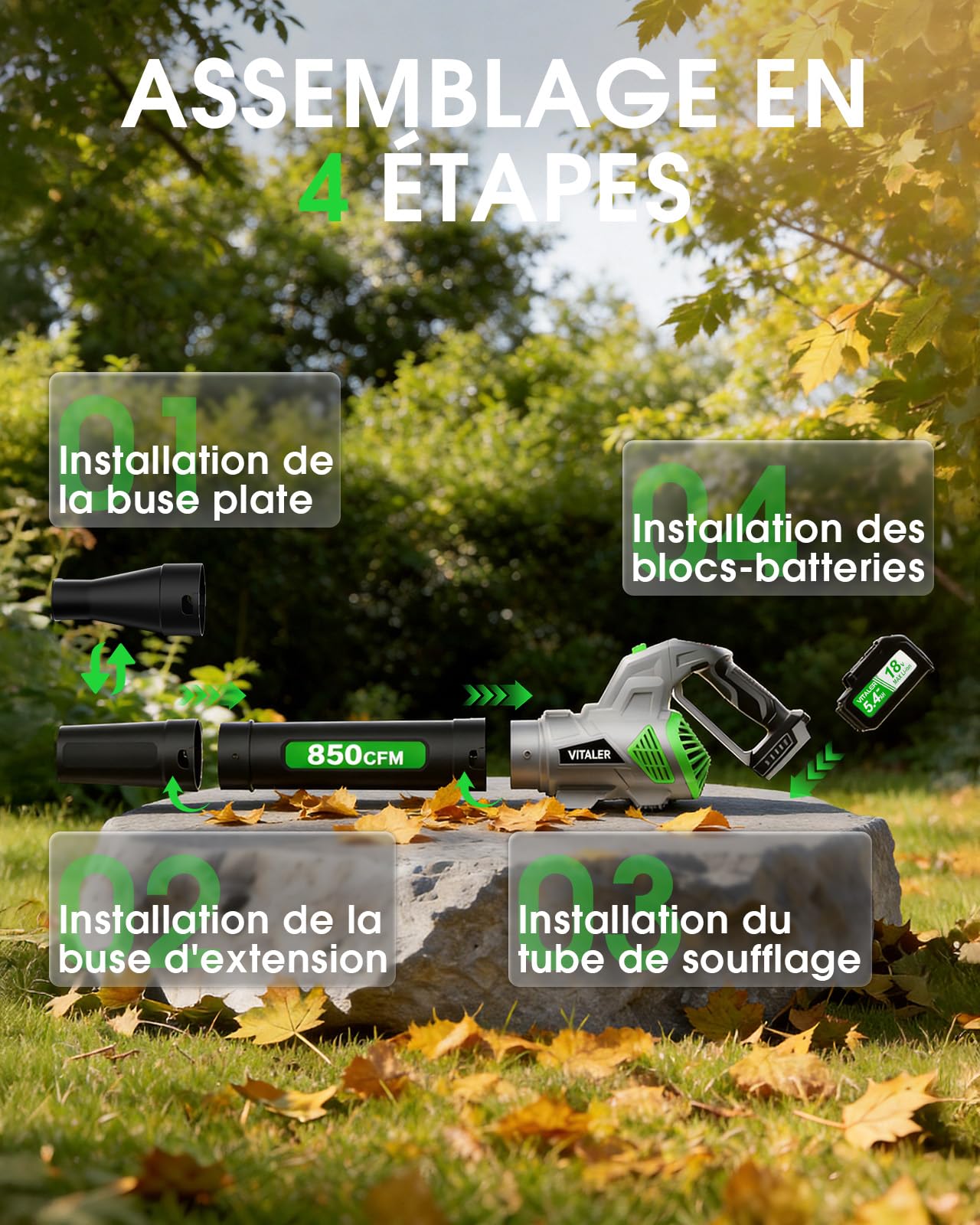 Soplador de Hojas Bateria 1444 m³/h, 402 km/h Soplador de Aire Potente Jardin con Motor Sin Escobillas, Pantalla TFT de 1,35", 2 Baterías de 5,4 Ah, Cargador Rápido de 2,0 A(Verde)