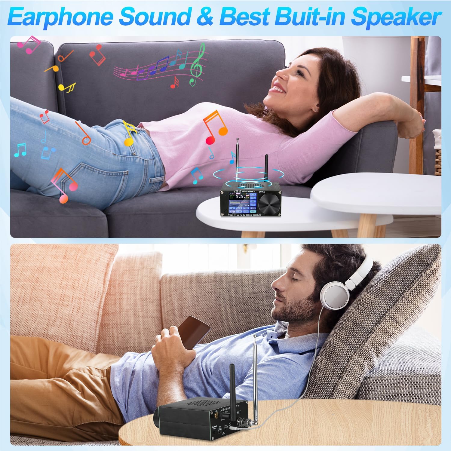 People using the ATS25 Max-Decoder ii with its built-in speaker and with headphones.
