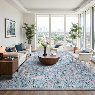 Goideal Washable Rug 8x10, Blue Area Rugs Non Slip, Indoor Low Pile Carpet with Rubber Backing for Living Room Kitchen Bathroom Entryway Office Bedroom - Amazon product rated Grade A