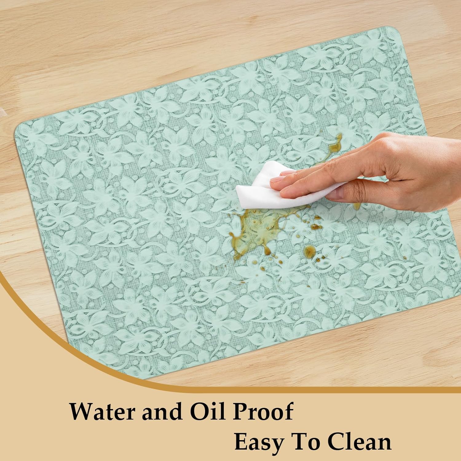 18 x 12 inch Set of 6 Faux Leather Placemats Flower Pressed Waterproof Table Mats,Dual Sided Retro Place Mats for Kitchen Dinner Daily, Meals Table Decor, Green