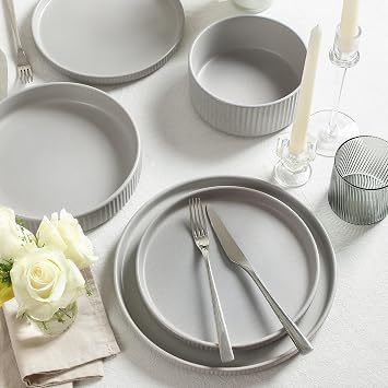 Stone Lain Haven Stoneware 16-Piece Dinnerware Set, Plates and Bowls Sets for 4, Grey Dish Set, Includes Dinner Plates, Salad Plates, Cereal Bowls, Glassware, Microwave & Dishwasher Safe