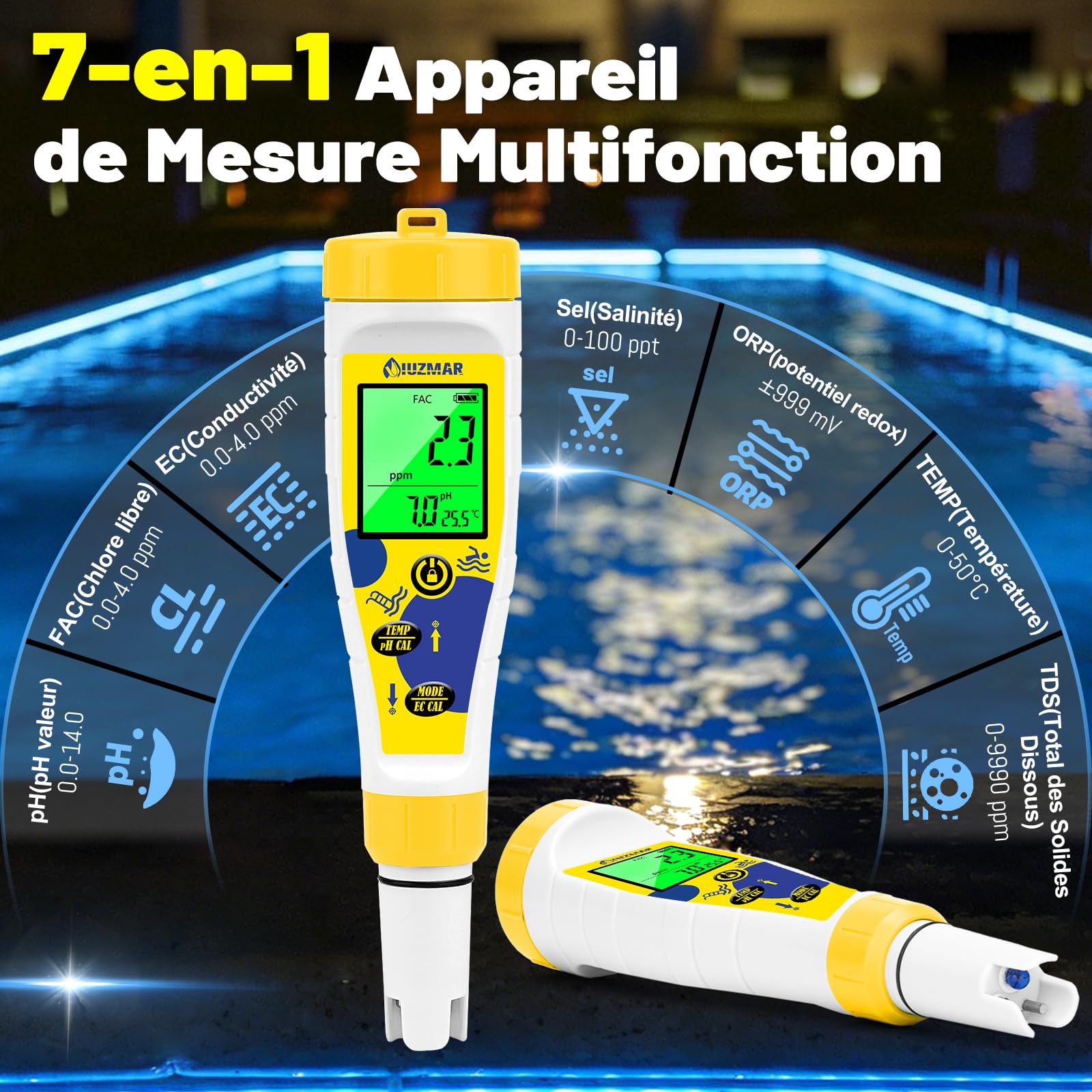 UIUZMAR Testeur de Chlore et de pH pour Piscine, pH Mètre et Salimètre pour Eau Salée Affichage Simultané du pH,Sel Temp Appareil de Mesure 7 en 1 pour Hydroponique, Eau, Aquarium