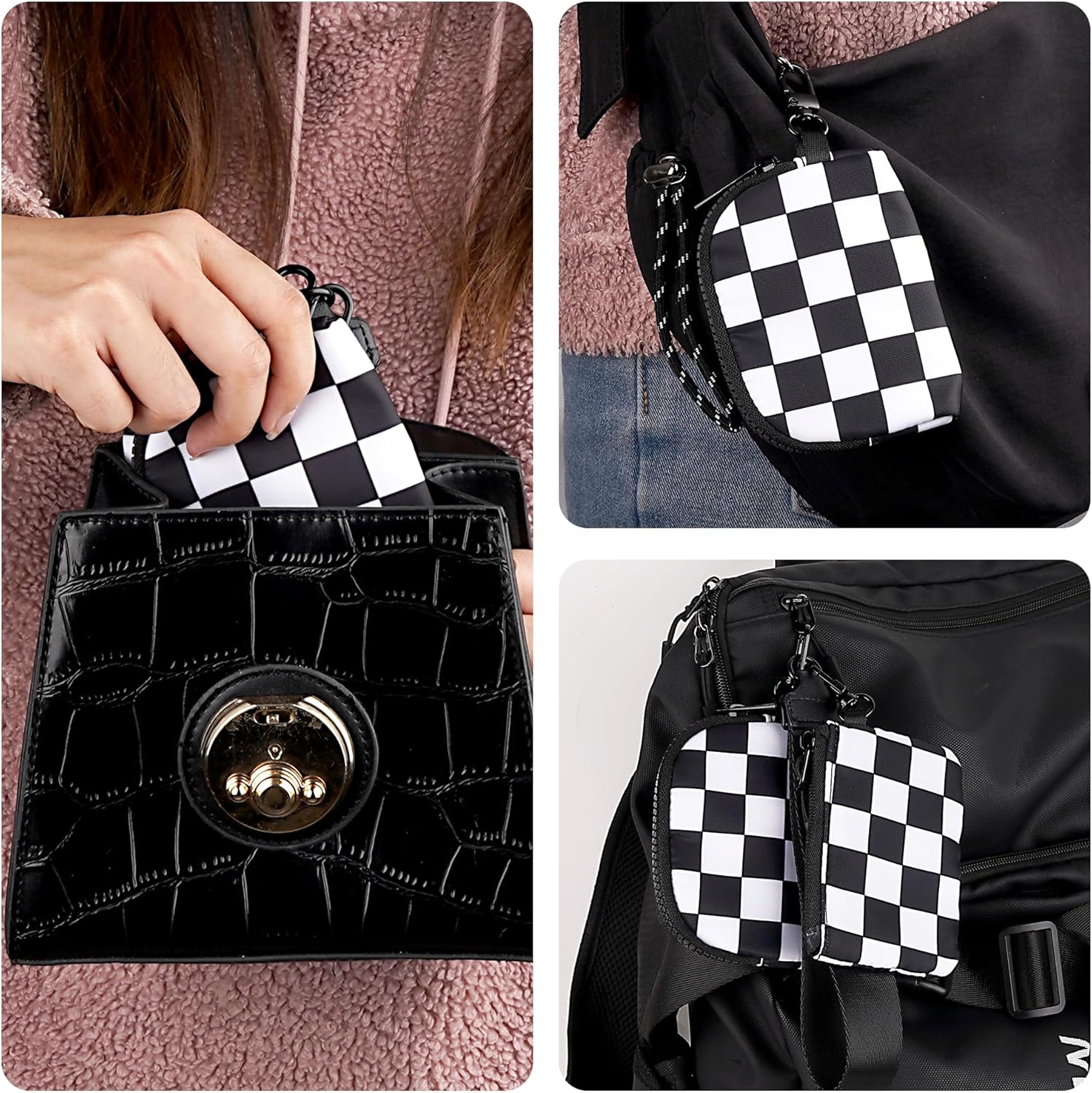 Wrist Keychain Mini Wallet for Women, Checkered Zip Around Wristlet Wallet, Detachable Dual Coin Purse, Black and White Plaid - Image 6