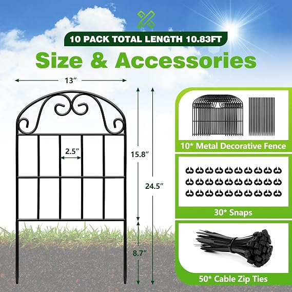 24.5in(H) x10.8ft(L) Garden Fence Animal Barrier, 10 Pack Tall Decorative Metal Fencing Panel, Arched Black Fence for Dog, Yard, Patio Outdoor Decor