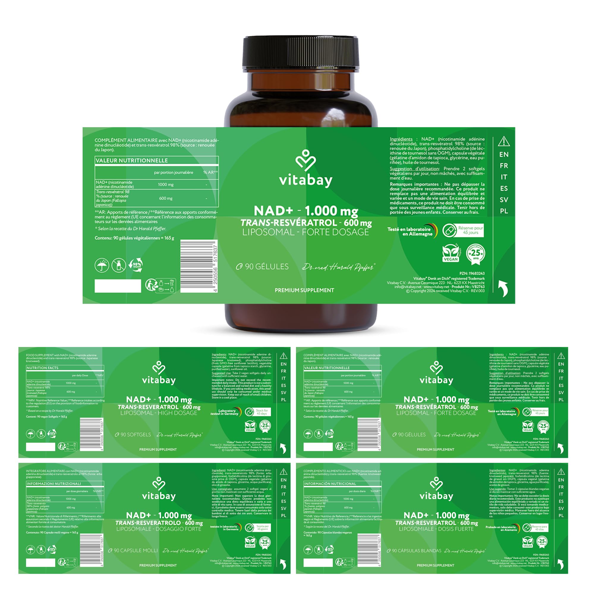 Vitabay NAD+ liposomal 1000 mg avec trans-resvératrol 600 mg - 90 softgels végétaliens - haut dosage, vegan, testé en laboratoire en Allemagne - complément NAD - sans OGM - 45 jours