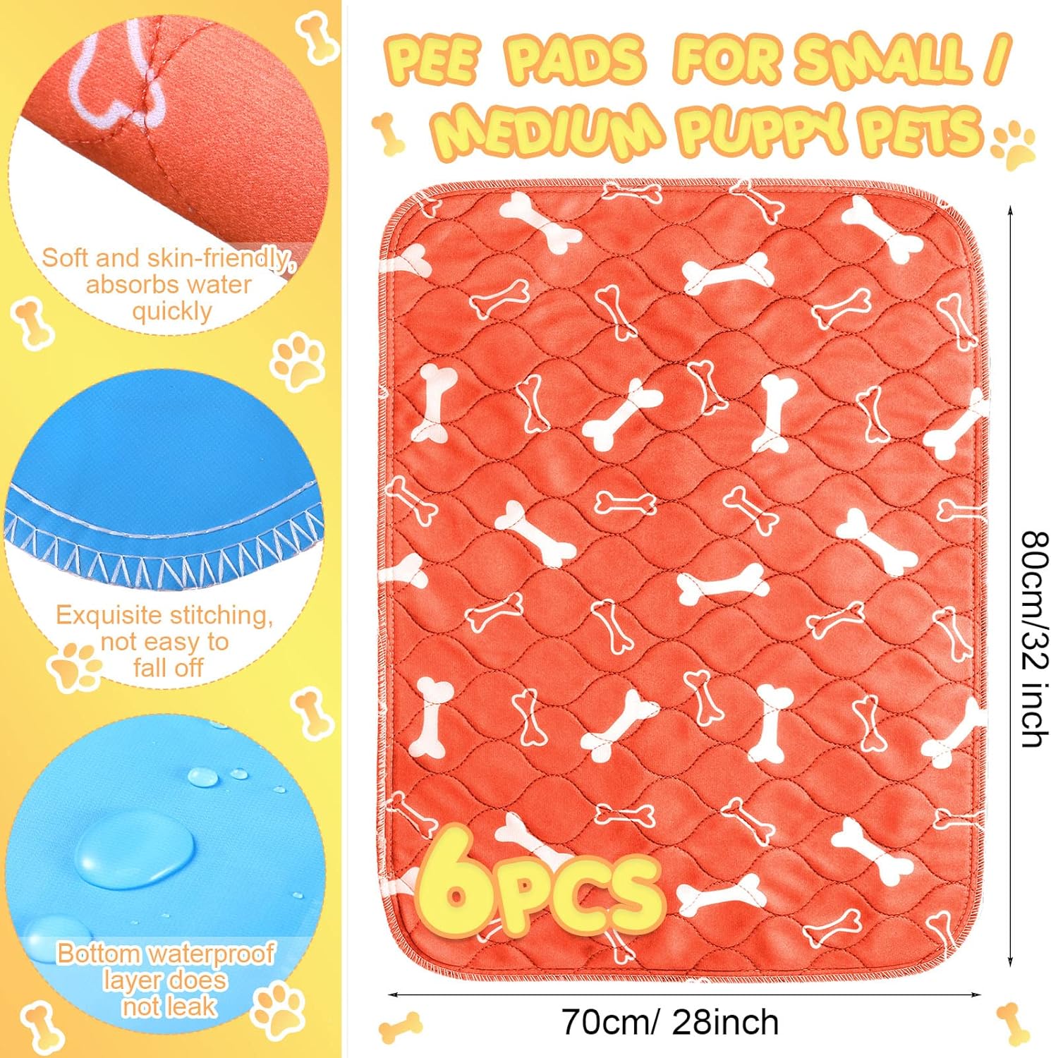 6 Pieces Washable Pee Pads Reusable Pee Pads Absorbent Layered