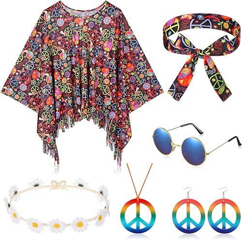 Miniatura 1 de Hicarer Juego de 6 accesorios de disfraz hippie que incluye diadema, poncho, collar, aretes, lentes de sol para mujeres y niñas