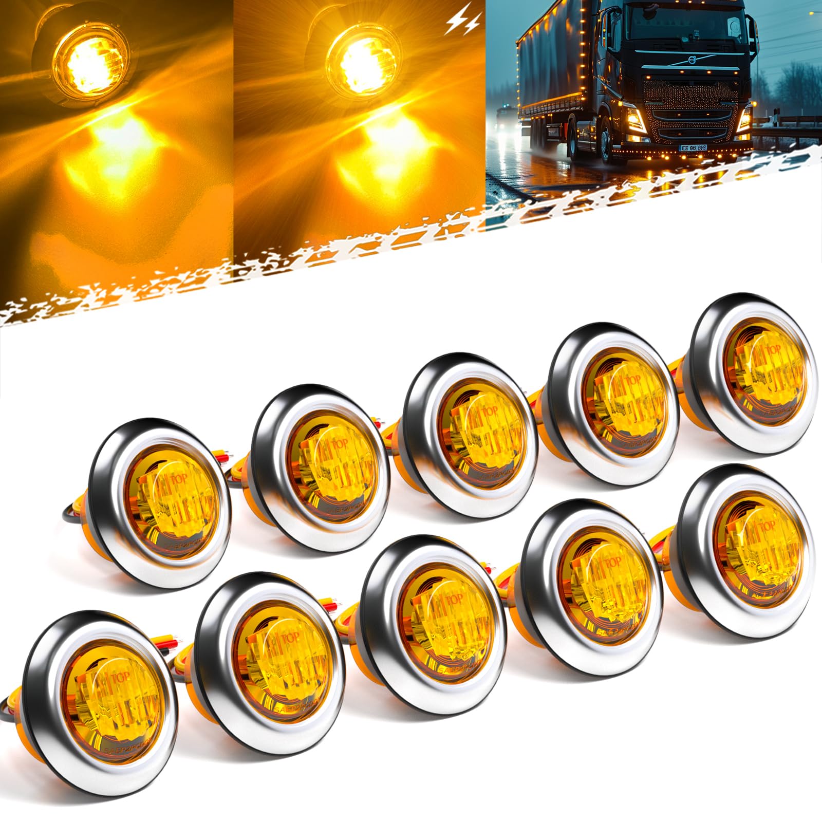 BJZ 3/4" Strobe+Marker Lights Dual Function Amber Trailer LED Side Clearance Tail Griller Flash Lights 12V Turn Signal Warning Waterproof Light for