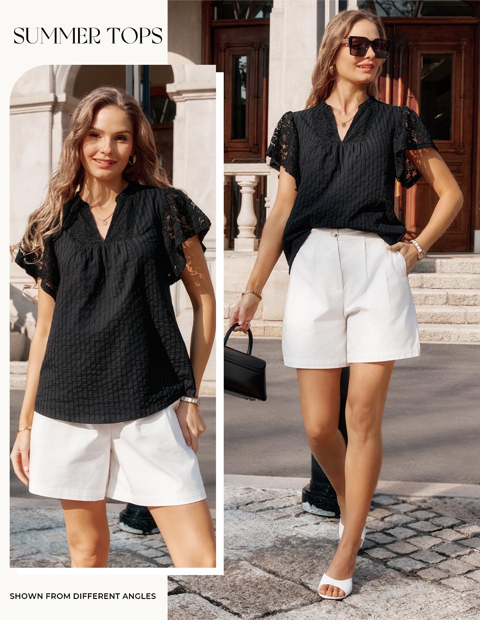 GRACE KARIN Camicia da donna in pizzo di cotone, elegante Henley con scollo a V, a maniche corte