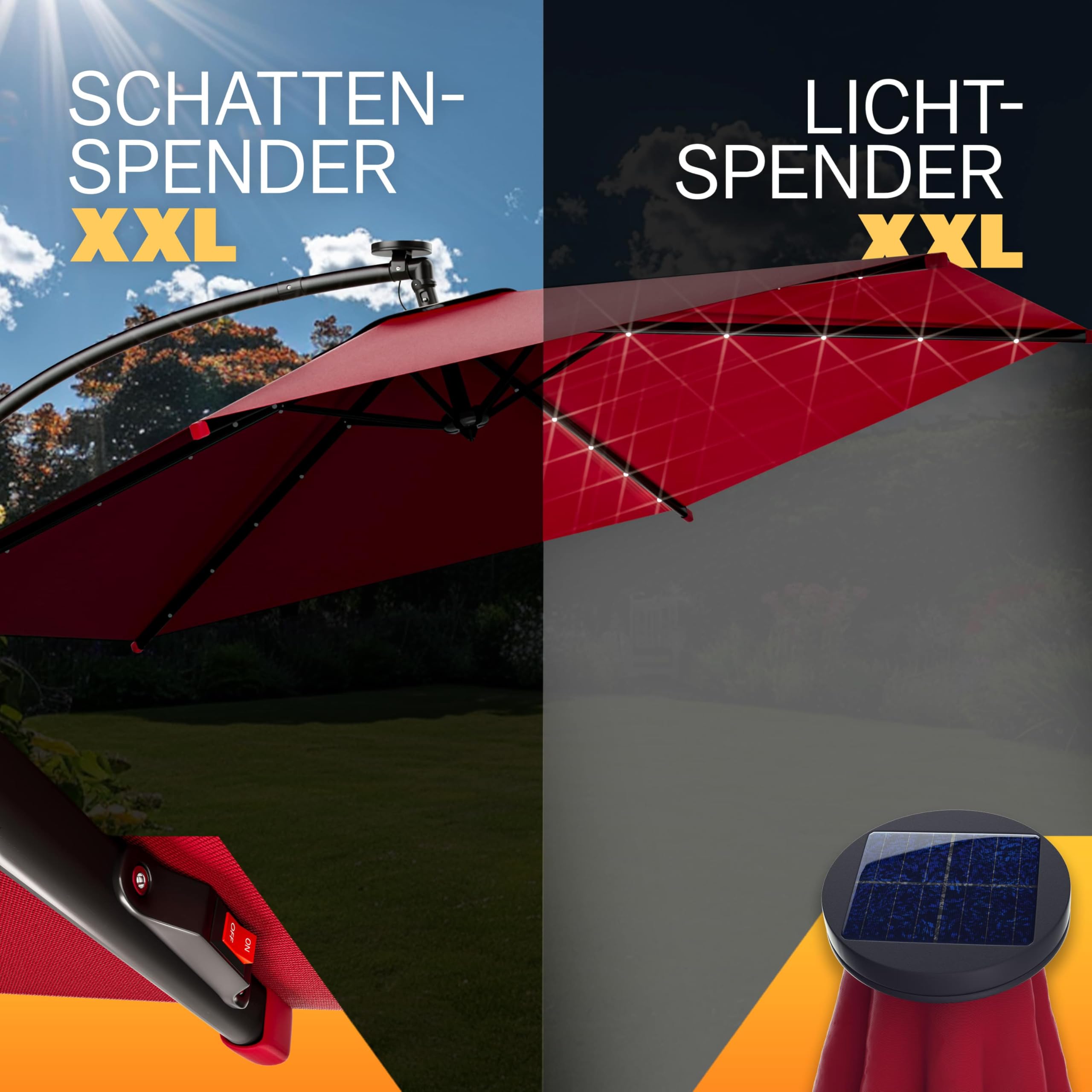Kingsleeve® Ampelschirm LED Beleuchtung UV Schutz 80+ Solar Ständer Schutzhülle Windsicherung 300cm Groß Kurbel Balkon Terrasse Garten Sonnenschirm Rot
