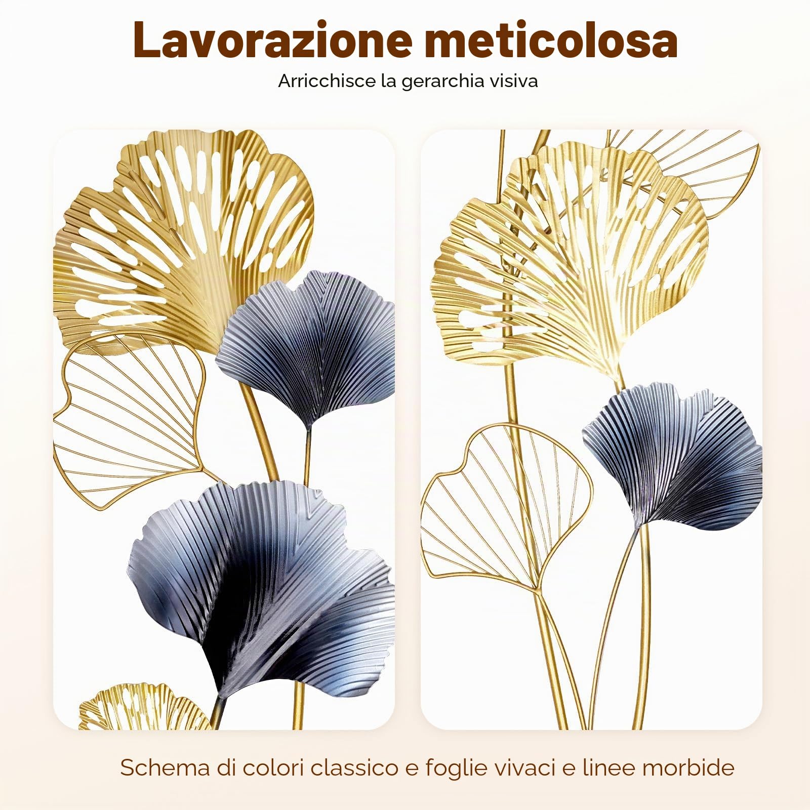 HazLope Set da 2 decorazioni da parete in metallo con foglie di ginkgo, quadro da parete con foglie di ginkgo, scultura da parete, ornamento da parete, appendiparete con cornice lunga e foglia di
