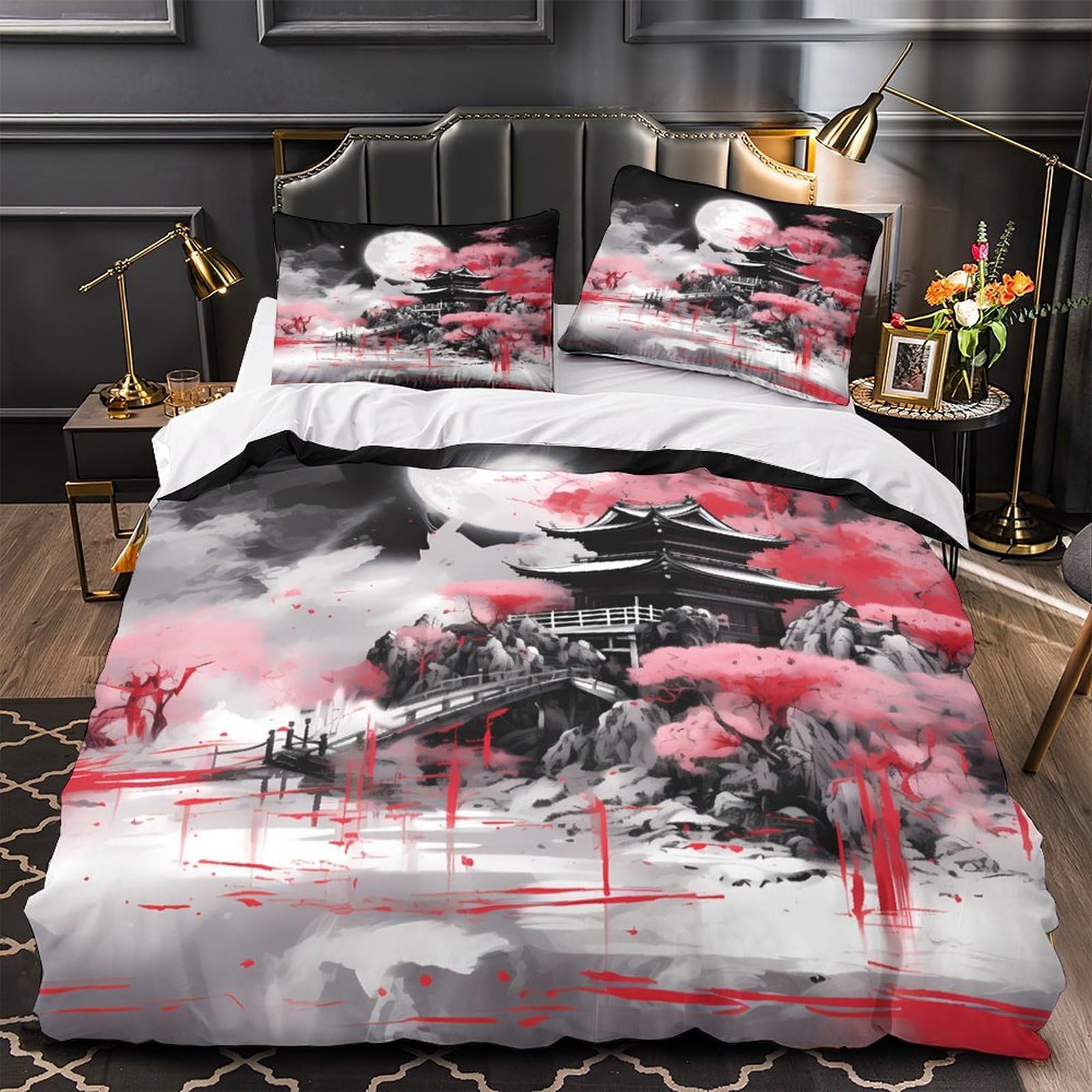Parure de lit 3D forêt brumeuse noir et blanc drap housse de couette 220x240