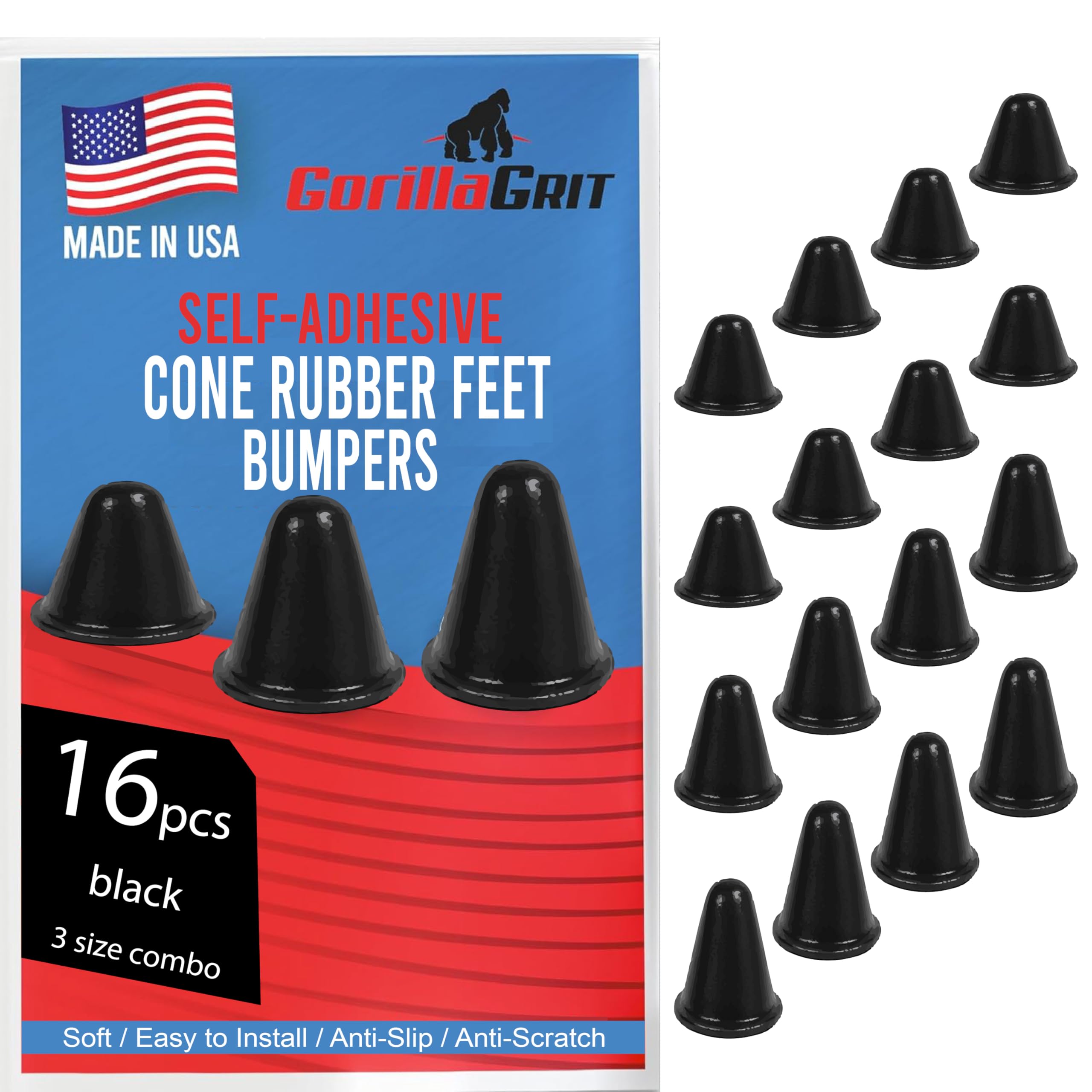 Conical Rubber Bumpers Black - 16 PC Combo - Tall Rubber Feet Spacers for Electronics, Computer Equipment, Speakers, Car Truck Bug Deflector, Cheese Boards, Furniture, Cabinet Door