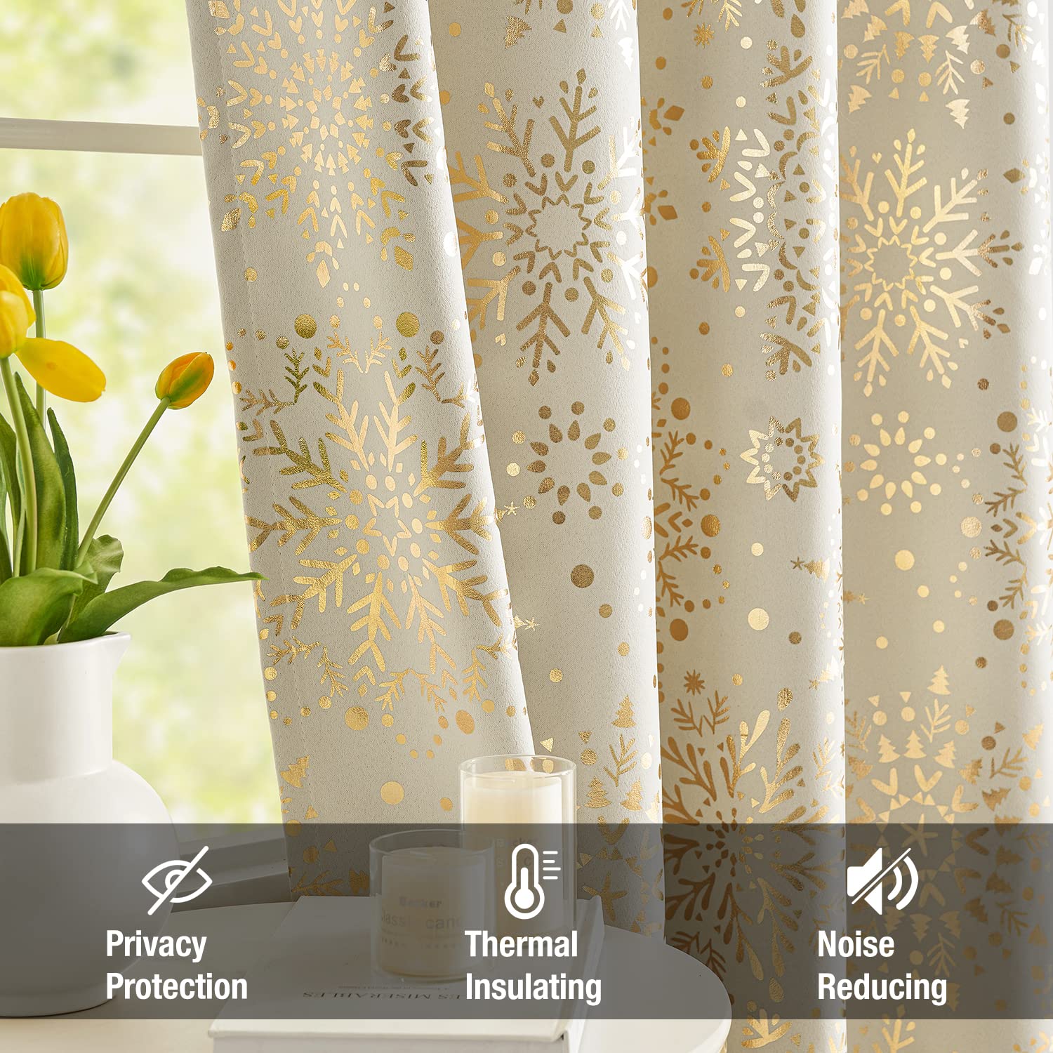Beige Gold Blackout Window Curtains for Bedroom Snowflake Print Full Blackout 72inch Length Drapes for Christmas Holiday Thermal Insulated Energy Saving Window Treatment Set for Winter Decor 2pcs - Image 4