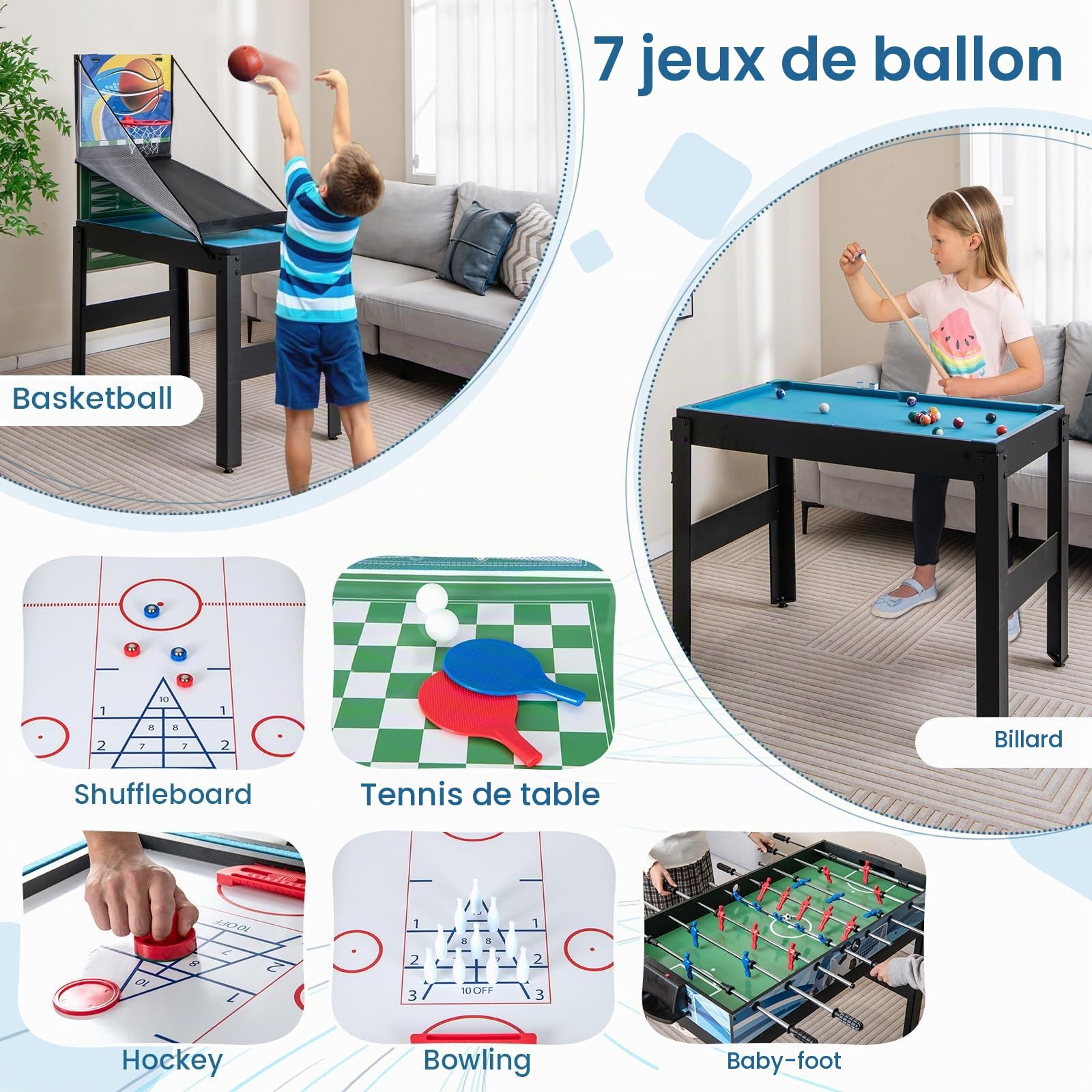 HOMASIS 14 en 1 Table Multijeux avec Baby-Foot, Basket, Billard, Hockey, Ping-Pong, Echecs, Dames, Backgammon,Cartes de Poker, etc,pour Enfants et Adultes, pour Fêtes et Réunions