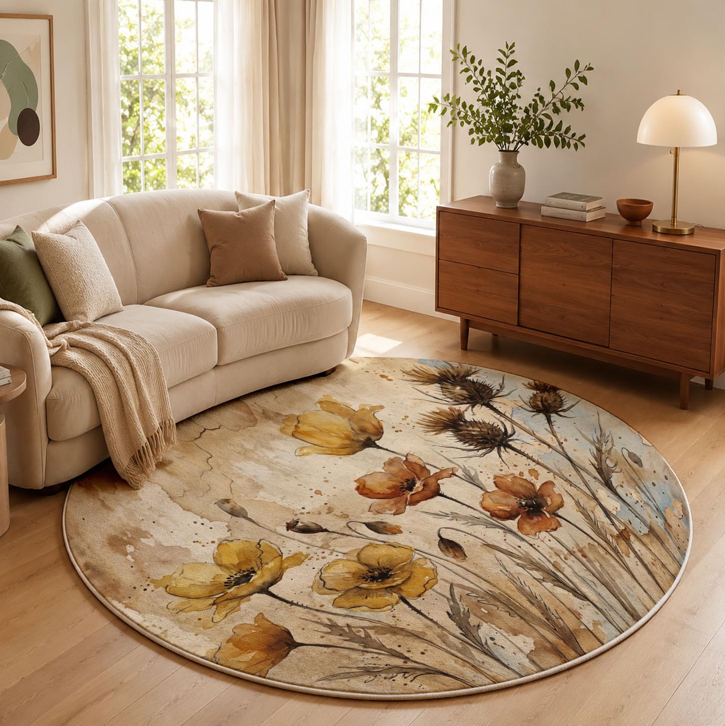 Antike Aquarellpflanzen Teppich Rund Wohnzimmer rutschfest | Vintage-Mohnblüte Distel Waschbar Teppiche, Dunkelbeige Runder Teppich 120 cm Durchmesser Kinderzimmer, Weich Bettvorleger