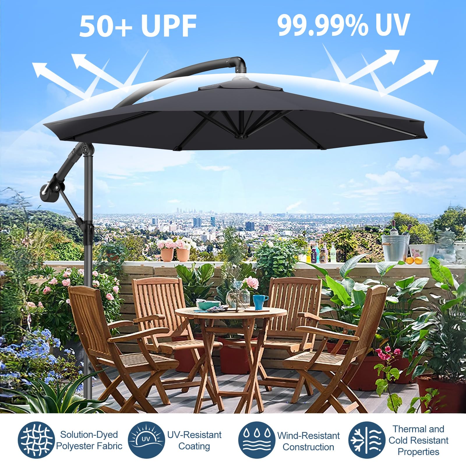 Parasol déporté 300/350cm – Manivelle orientable 360°, UV40+ & imperméable pour jardin/terrasse. Version LED optionnelle, base croix stable, résistant aux intempéries.