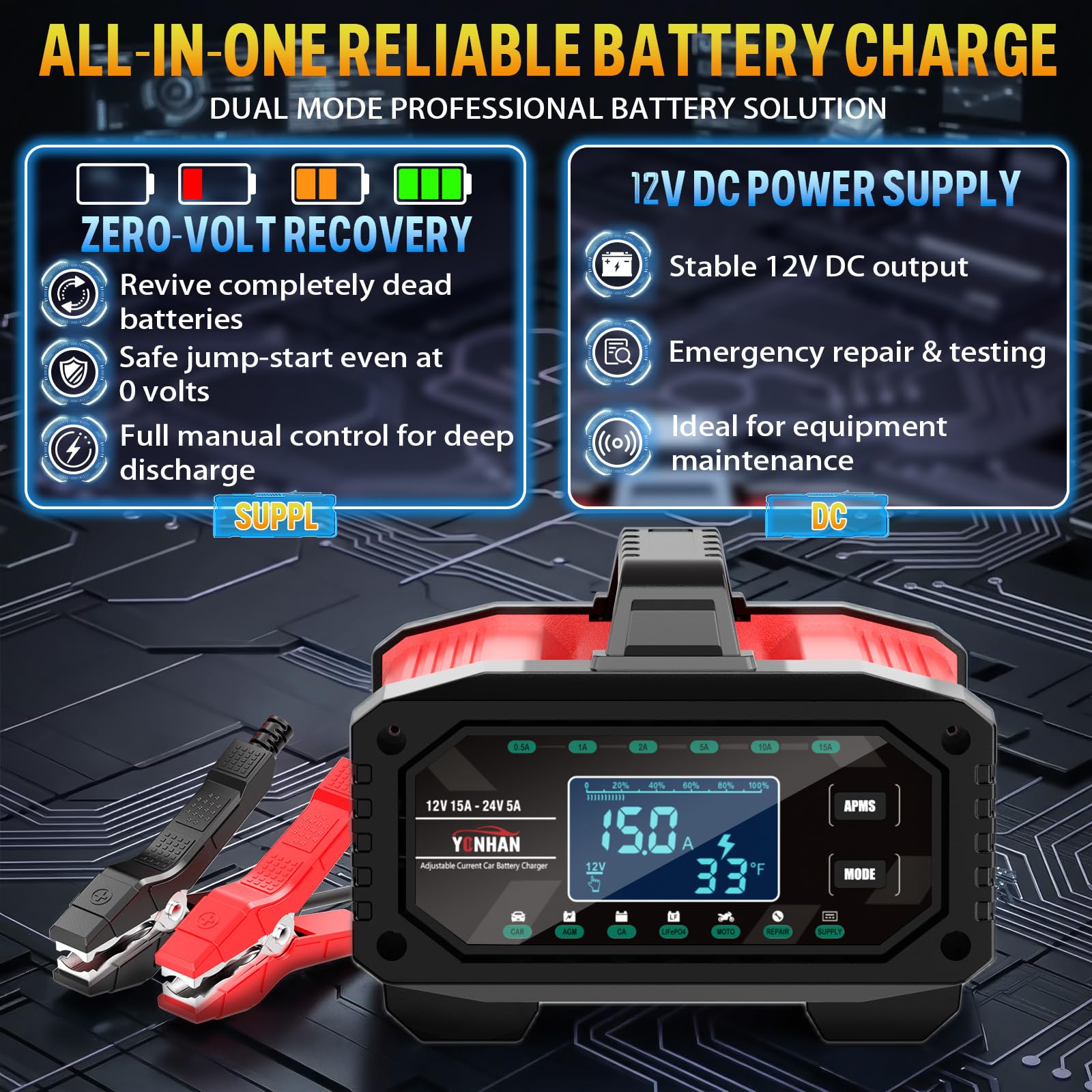 YONHAN - Cargador de batería inteligente de 15 amperios, 12 V y 24 V, completamente automático