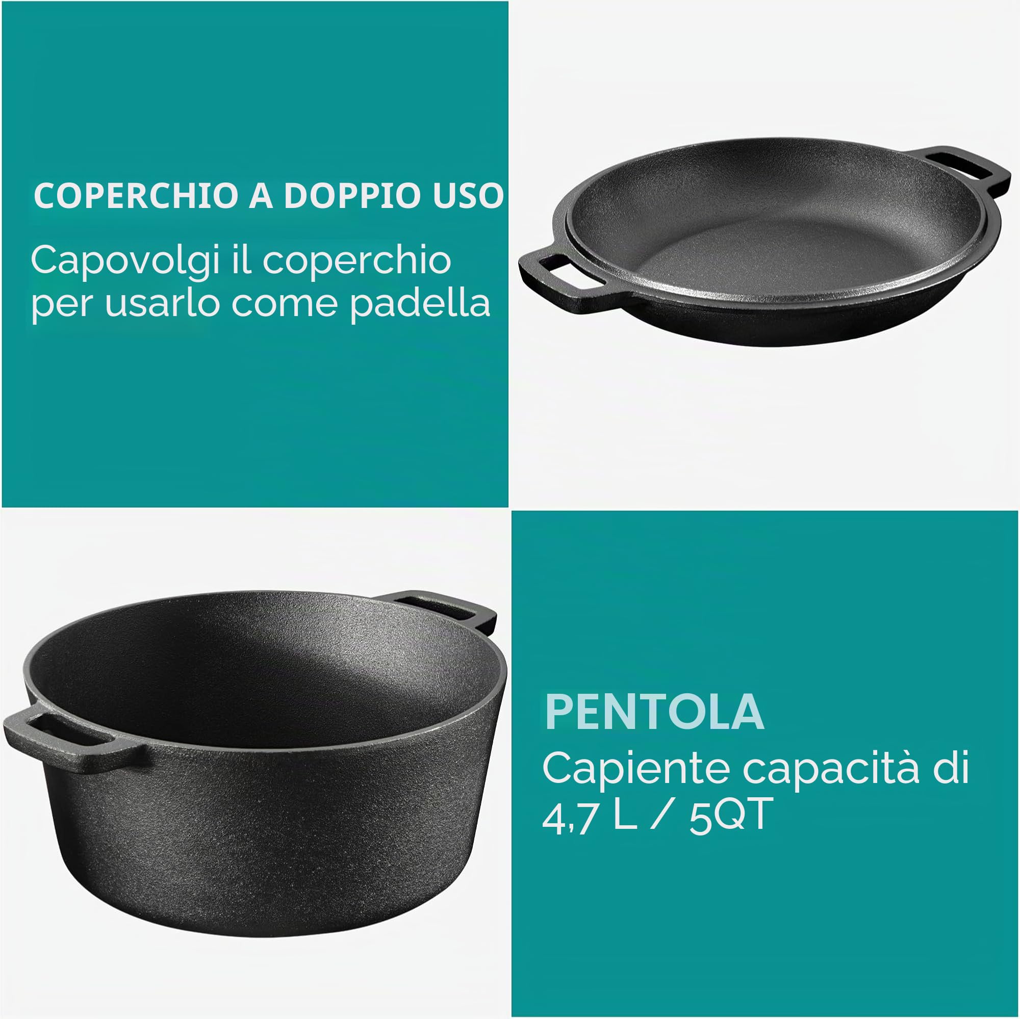 Navaris Pentola in Ghisa da Forno con Coperchio - Pentole e Padelle per Cuocere il Pane - Forno Olandese 4,7 l Ø 26 cm - Casseruola 2 Manici 2-in-1 - per Ogni Piano Cottura - Nero