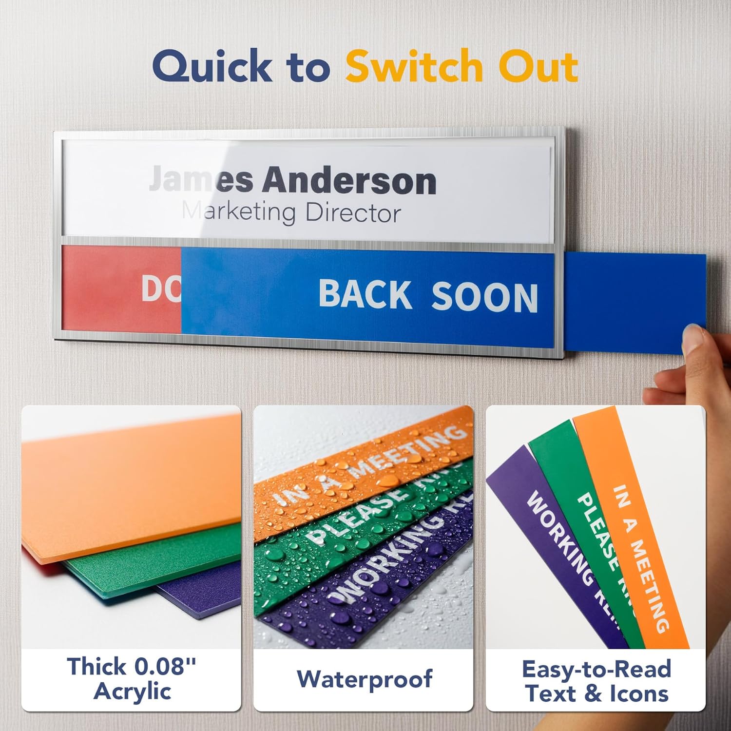 Office Door Signs & Name Plate With 6 Status Options, Do Not Disturb, In A Meeting, Out Of Office, Working Remotely, Please Knock, Back Soon for Desks Or Doors, Pull-Out Replaceable Inserts, Matte Black - Image 6