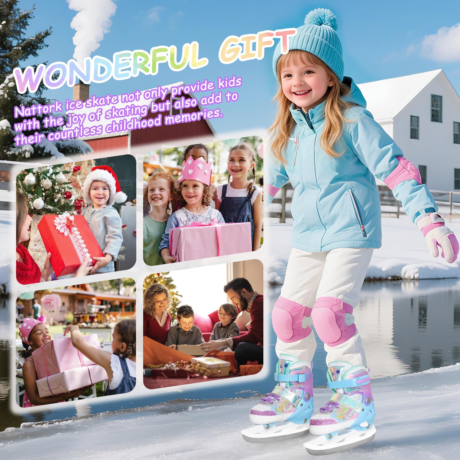 Nattork Patins à glace pour filles - 4 tailles réglables - Patin à glace papillon avec doublure en polaire pour l'extérieur et la patinoire