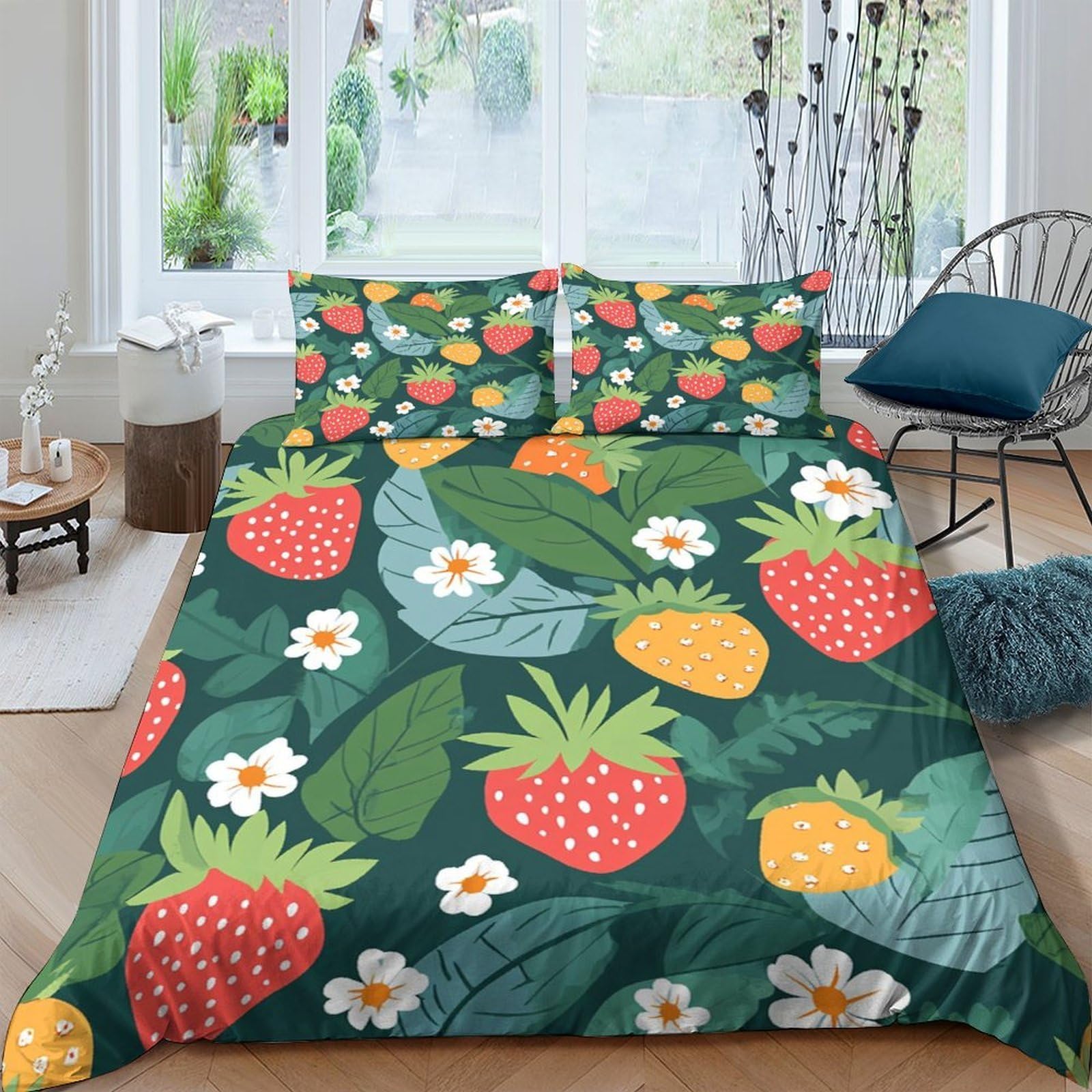 TUFRTGYHN 3D Printed Strawberry Floral Duvet Cover Set Microfiber Soft Breathable Green Bedding for Bedroom Rental Decor, 2 Pillowcases Single（135x200cm）