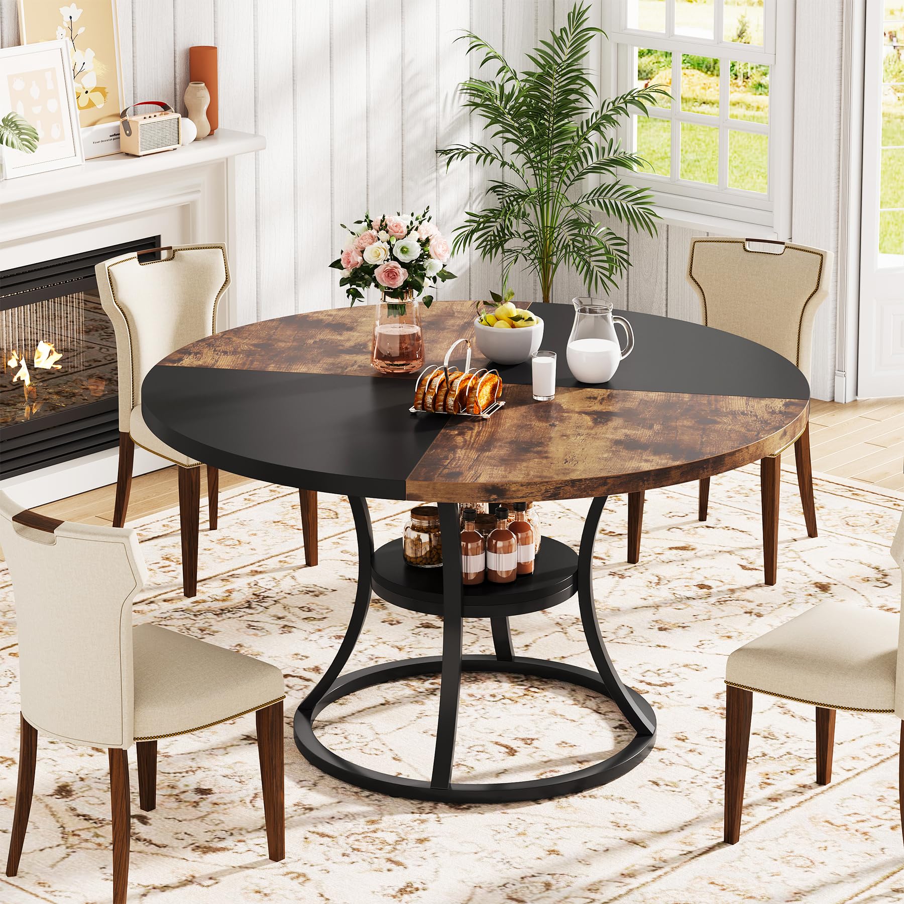 47'' Round Dining Table for 4-6, Farmhouse Dining Room Table with Storage Shelf, Space-Saving Kitchen Table with Metal Base for Kitchen & Dining Room, Table Only (Rustic Brown and Black)