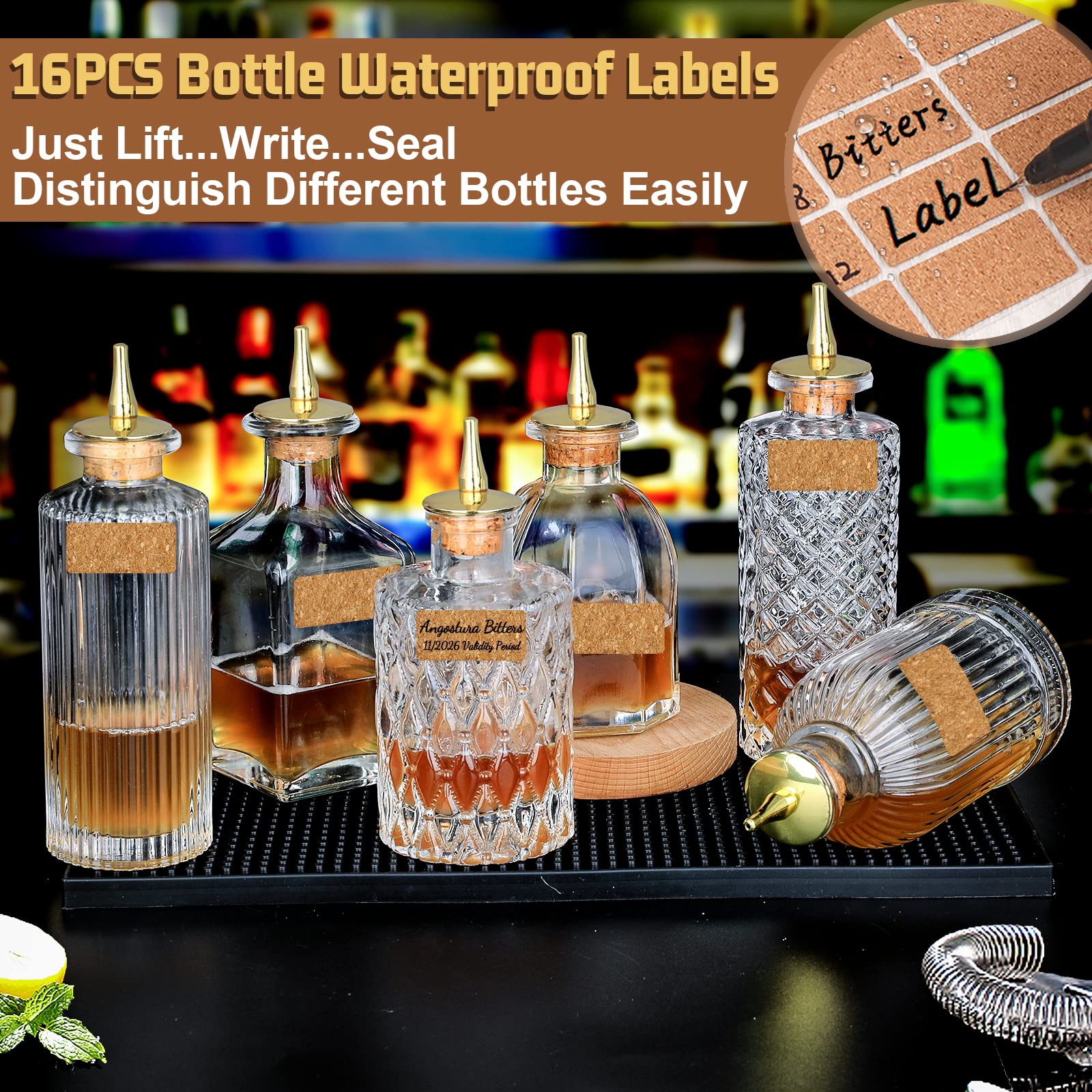 Bitters Bottle Set of 6 Glass Bitters Bottle,with Zinc Alloy Dash Top