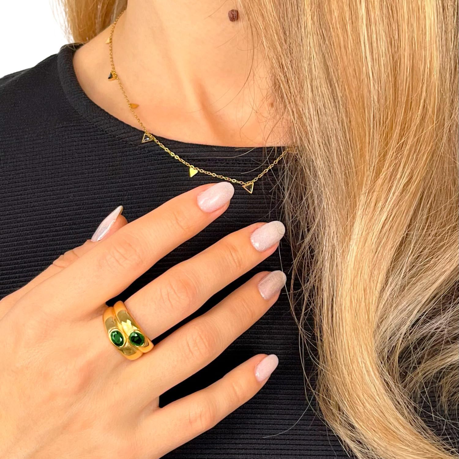 GOLDENCAT Anillo Infinity Green, Anillo con Circonitas, Anillo de Acero con Circonitas Verdes, Anillo Waterproof, Anillo para Mujer y Hombre, Zircon, Acero Inoxidable, Baño Oro 18k