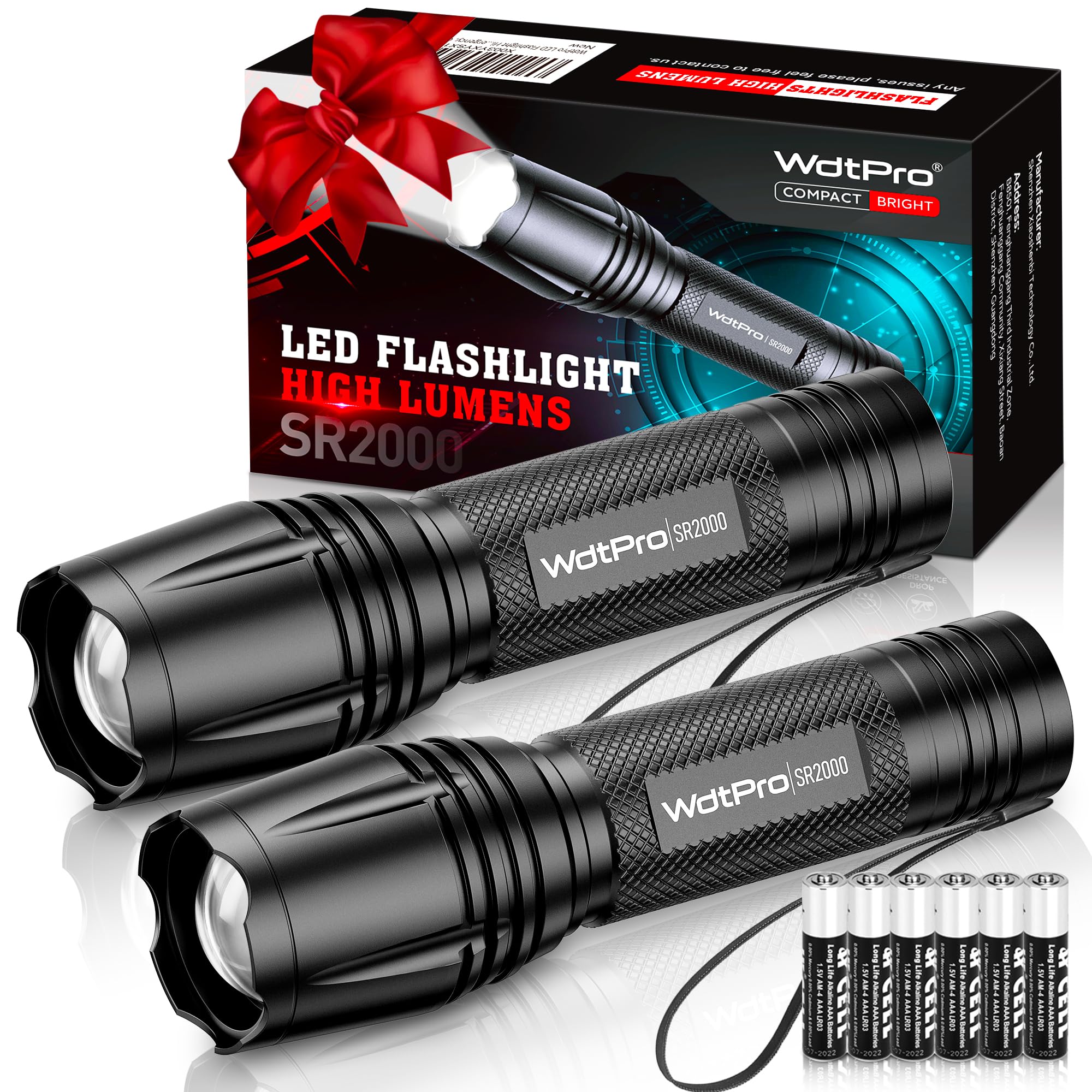 WdtPro LED Flashlight High Lumens SR2000 Pro, 2 Pack Brighter Tactical Flashlights with 5 Modes & Zoomable, Powerful Mini Flash Light for Emergency, Camping, Hiking (Black)