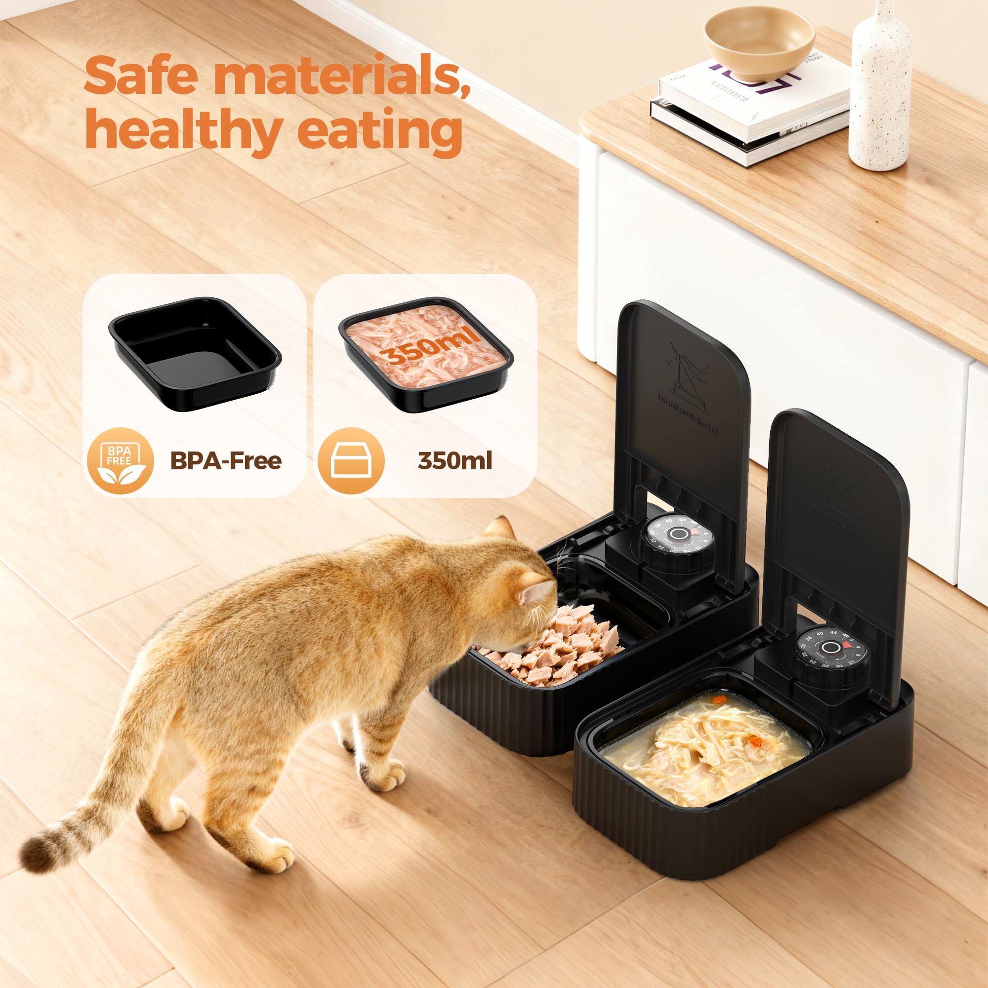 Distributore Automatico Cibo Gatti Umido: Dispenser Crocchette Gatto con Timer di 48 Ore - Dosatore Crocchette per Gatti senza Fili con 1 AA Batteria - Pasti Fino a 350g Ciascuno - Nero