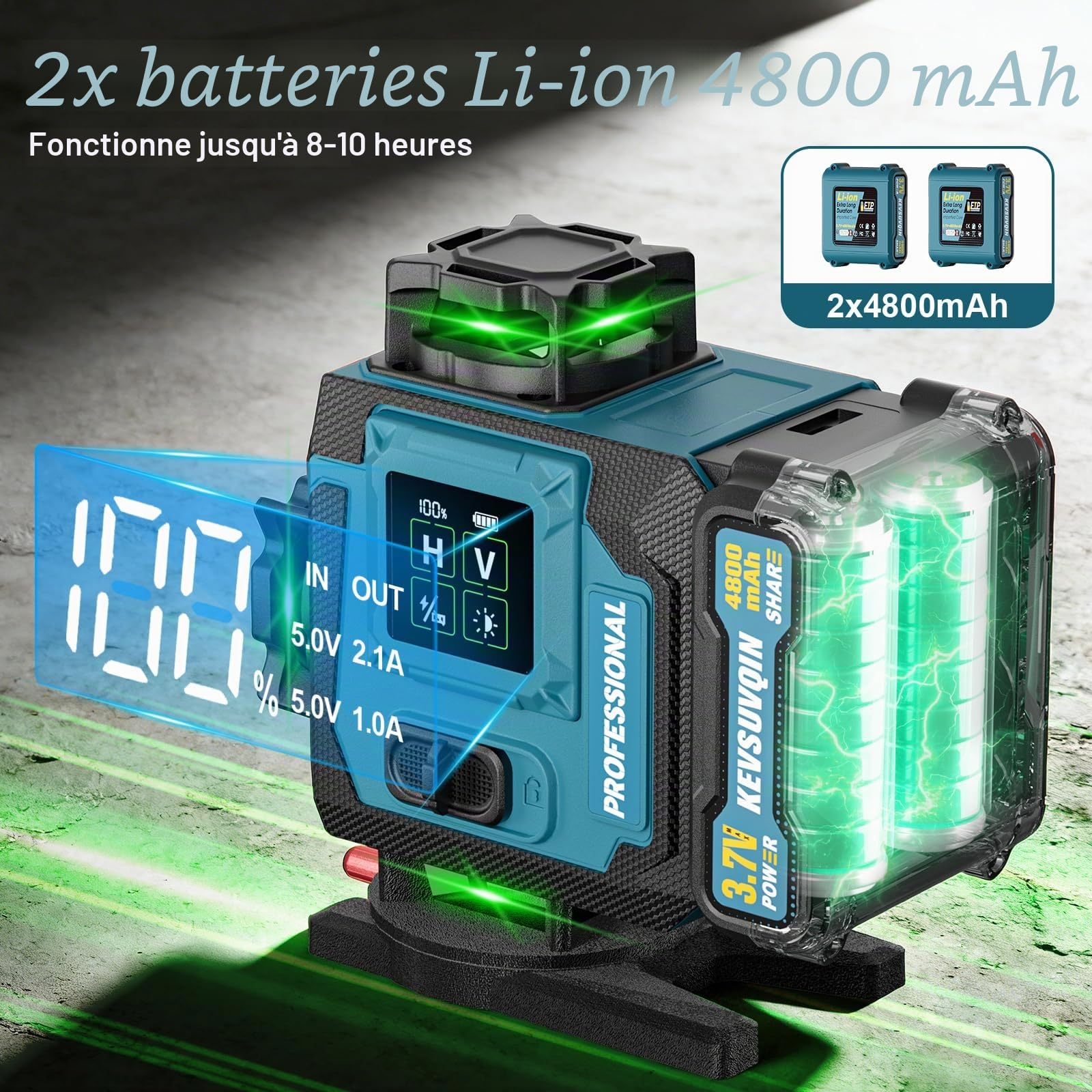 Niveau Laser 4x360°, Laser Chantier avec 2x4800mAh Batterie & Grand écran LED, 4D 16 Lignes Niveau Laser 360 Autonivelant/APP/Télécommande/IP54 Étanche et Anti-Poussière pour la construction