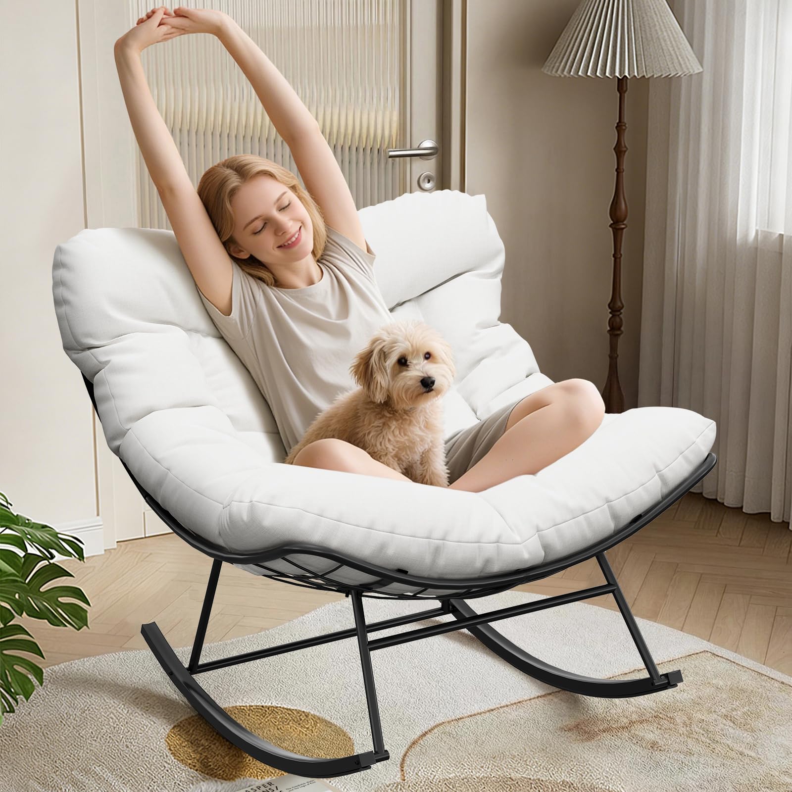 GarveeHome Mecedora de Gran tamaño, con cojín Grueso y Marco de Metal, sillón Relax para Piscina, jardín y Patio Trasero, Capacidad de Carga