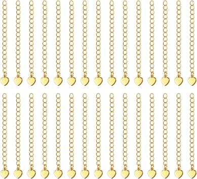 30 Pcs Necklace Extender Chain with Heart Charm, 55mm Jewelry Extender Chain for Necklaces Bracelets Anklets,Gold Chain Extension for Jewelry Making and DIY Jewelry Repair